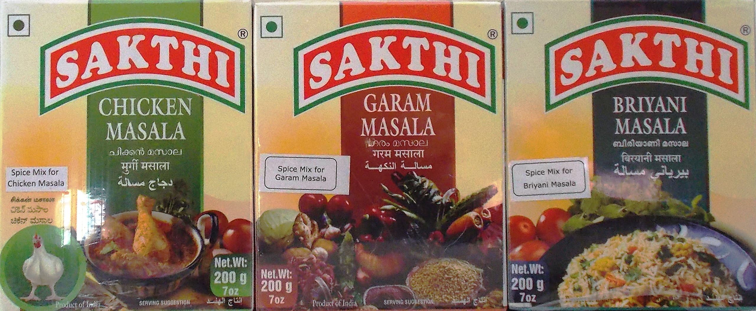 Sakthi Indian Spice Mix 3 Flavor Variety Bundle: (1) Sakthi Spice Mix For Chicken Masala, (1) Sakthi Spice Mix For Briyani Masala, and (1) Sakthi Spice Mix For Garam Masala (7.0 Oz. Ea.)