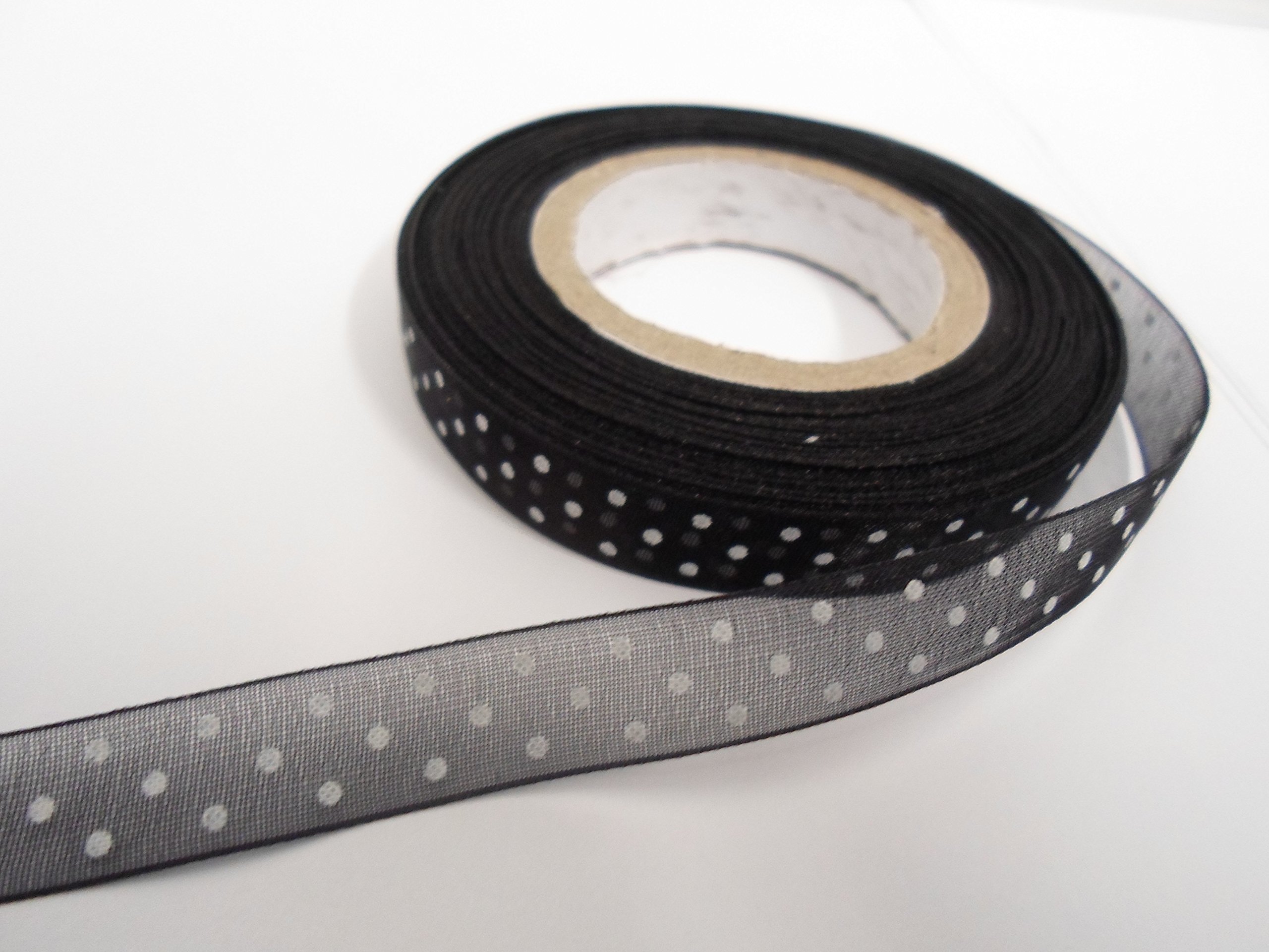 2 metres (Cut from Reel) x 10mm Polka dot Sheer Organza Ribbon Black with White Spots dots 10 mm 3/8" 1cm