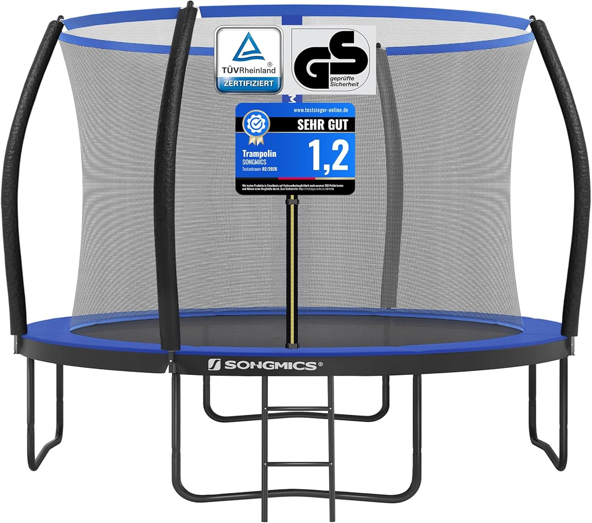SONGMICS Trampolin Outdoor Ø 244/305/366/427 cm, rundes Gartentrampolin Kindertrampolin mit Sicherheitsnetz, Randabdeckung, Leiter und gepolsterten Stangen