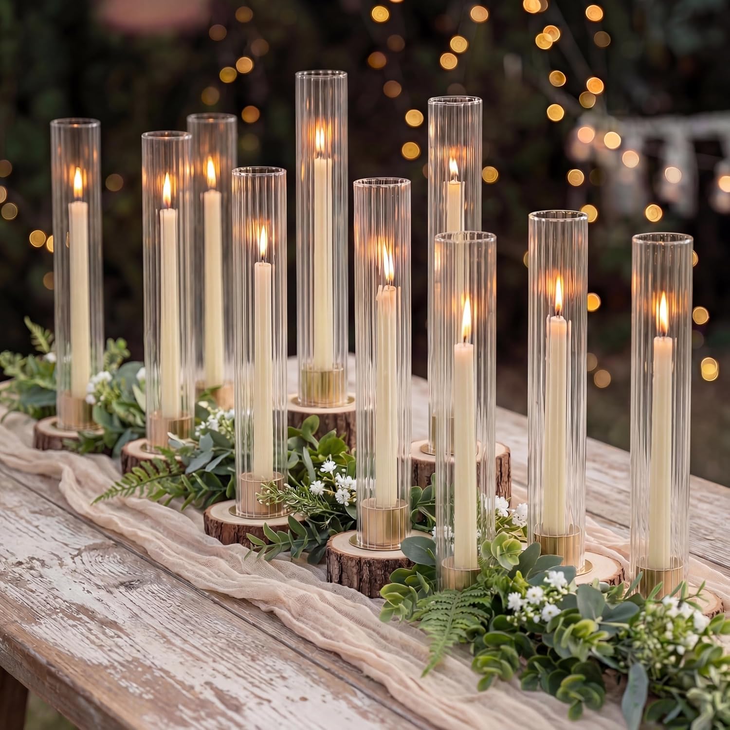 NUPTIO Hurricane Candle Holder for Centerpiece: Set of 10 Metal Taper Candle Holders with Fluted Glass Cylinders - Gold Candlestick Holders Bulk for Outdoor Party Dinner Wedding Table Decoration