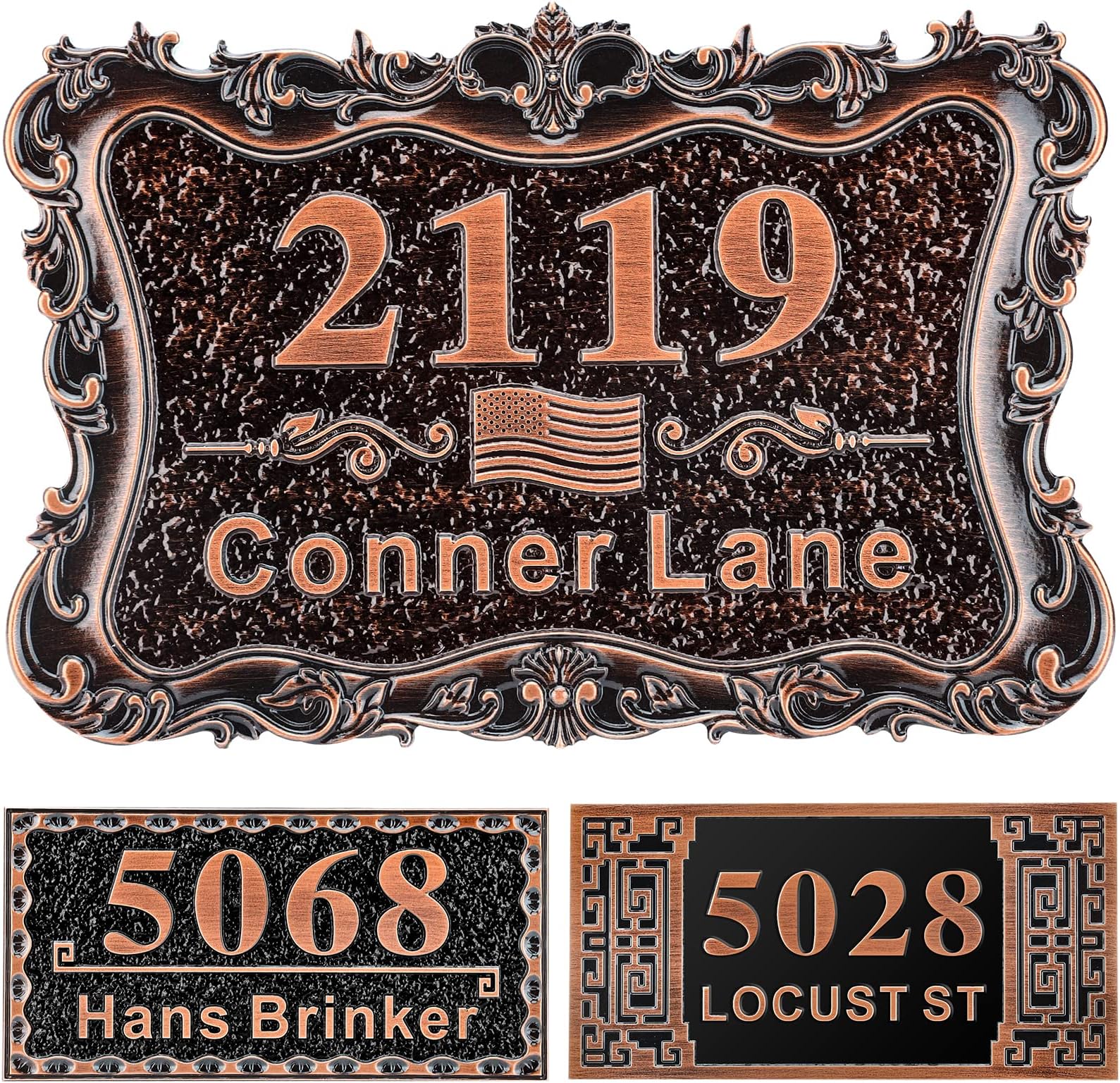 Personalized Cast Address Sign House Number Home Address Plaque 12 Inch, Custom Steet House Number Sign, Metal or Acrylic Antique Brass for Outside Vintage