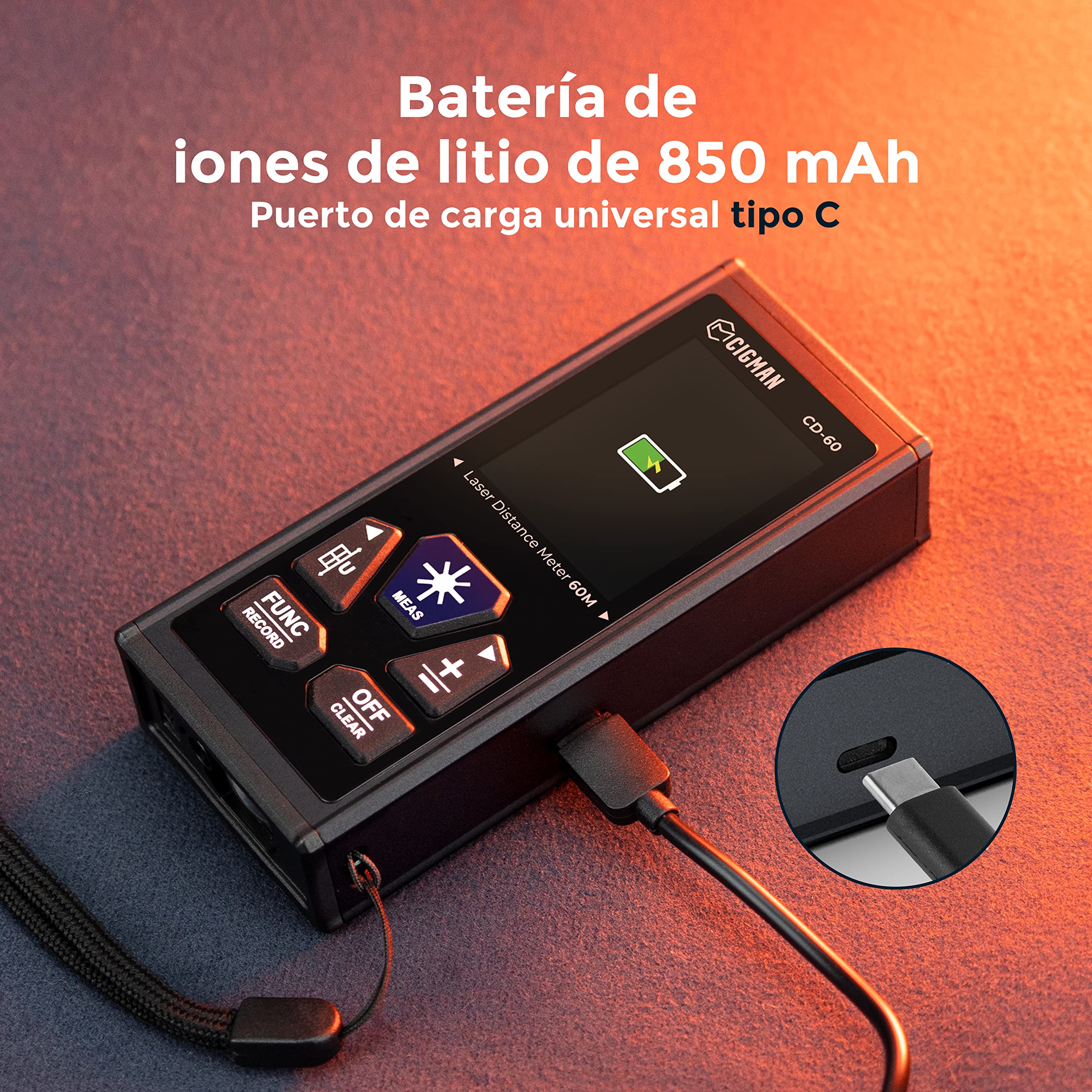 CIGMAN Telémetro Láser Bilateral, hasta 120m (hasta 60 m en Cada dirección), batería Recargable, Cable de Carga Tipo C, CD-60