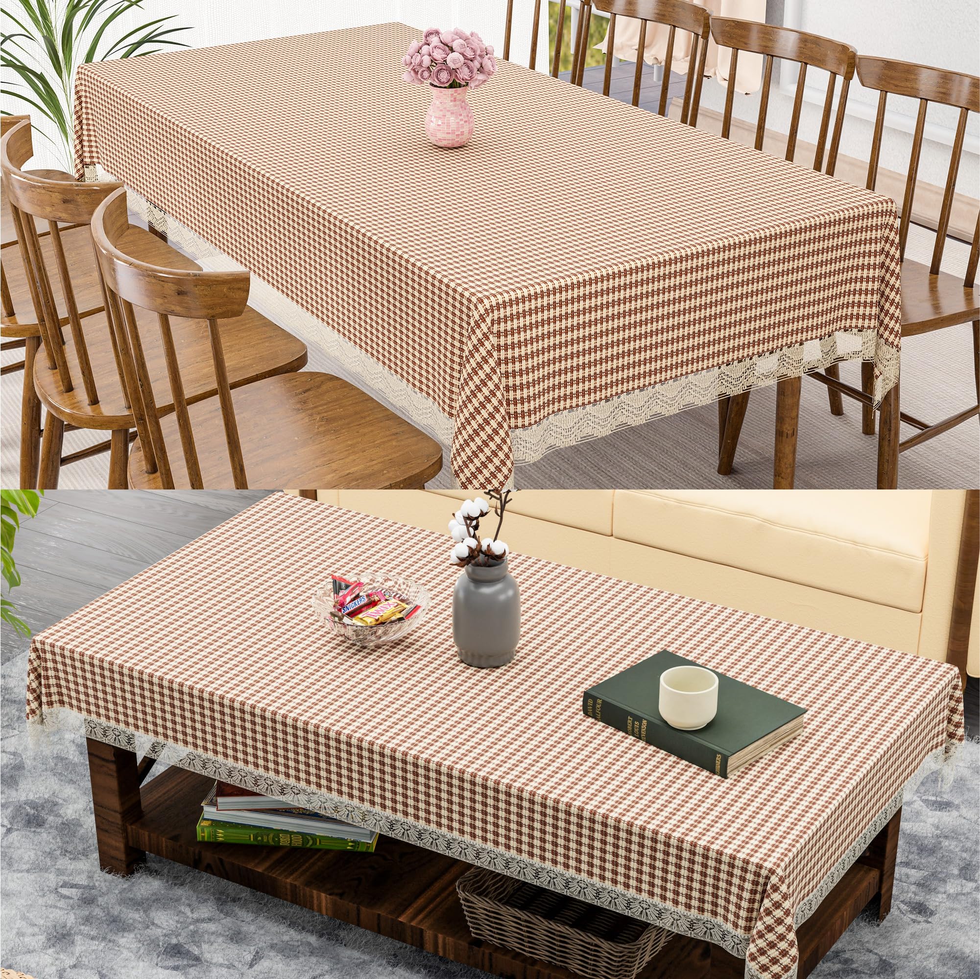 Kuber Industries 2 Pcs Jute Center & Dining Table Combo | Kitchen Accessories Items for Home | Center & Dining Table Cover 6 Seater Waterproof | Big Patta - Cream & Brown