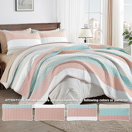 Miniatura 71 de Andency - Juego de ropa de cama Queen, edredón de patchwork azul mineral, 3 piezas, colcha de verano a rayas ultra suave y ligera, juego de 18 -