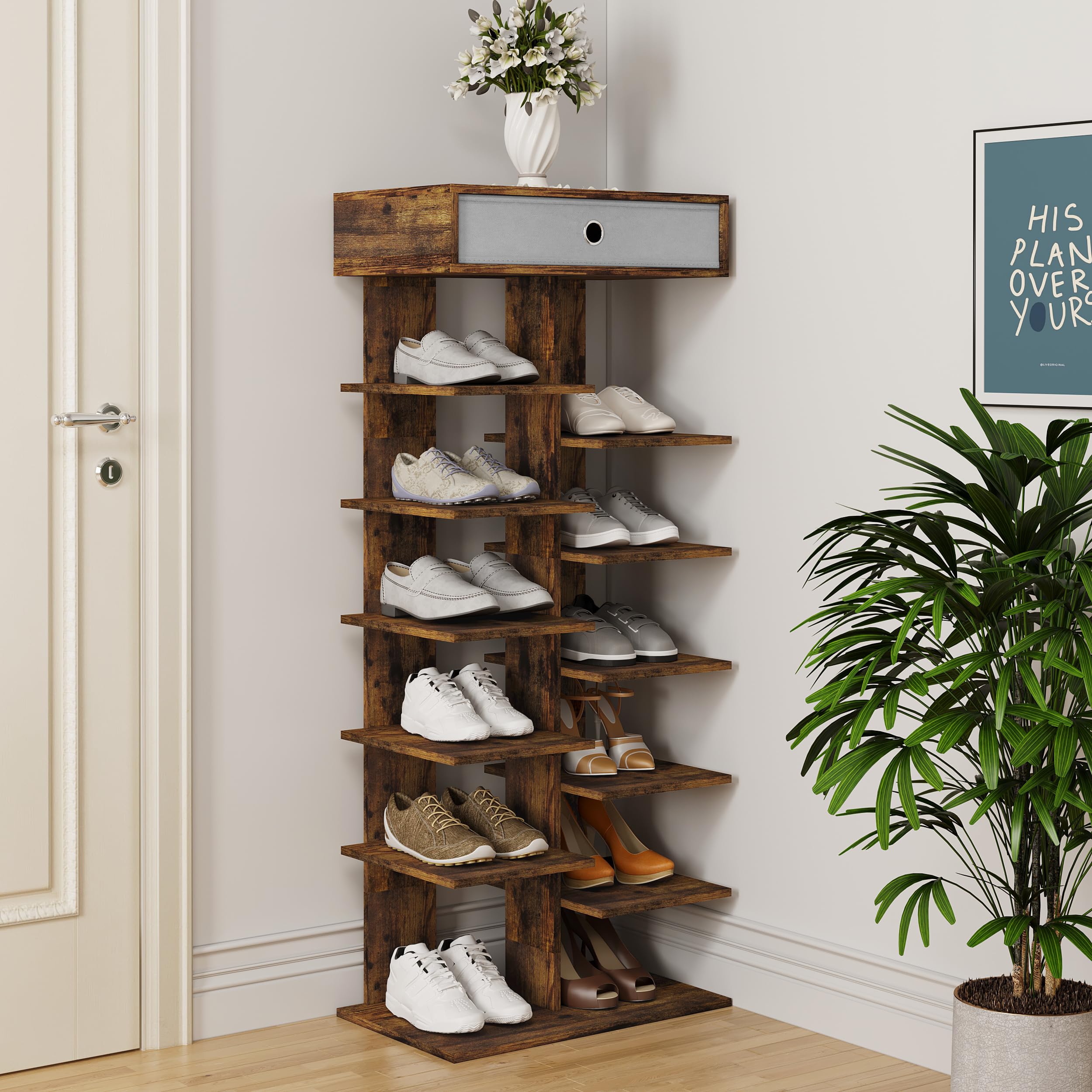 WOLTU Regał na buty z szufladą, imitacja drewna, szafka na buty z 12 półkami, organizer na buty, do przedpokoju, salonu, 49,5 x 118 x 30 cm