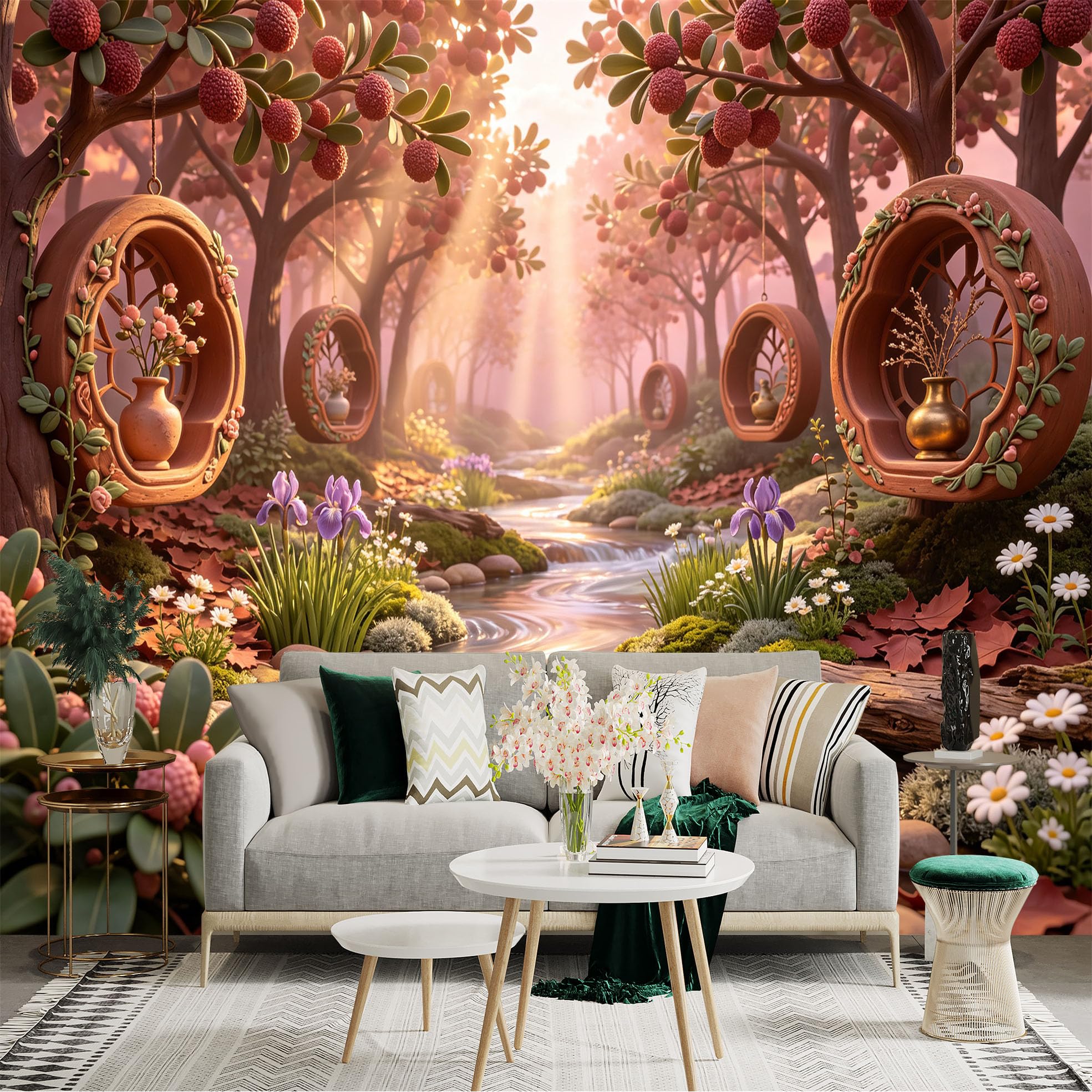 Lnzczhyre Bh260719601 Custom Size Wall Sticker Mural， Enchanted Forest Stream With Hanging Wooden Ornaments And Vibrant Flowers， For Wall Decoration， Peelandstick Wall Decals.