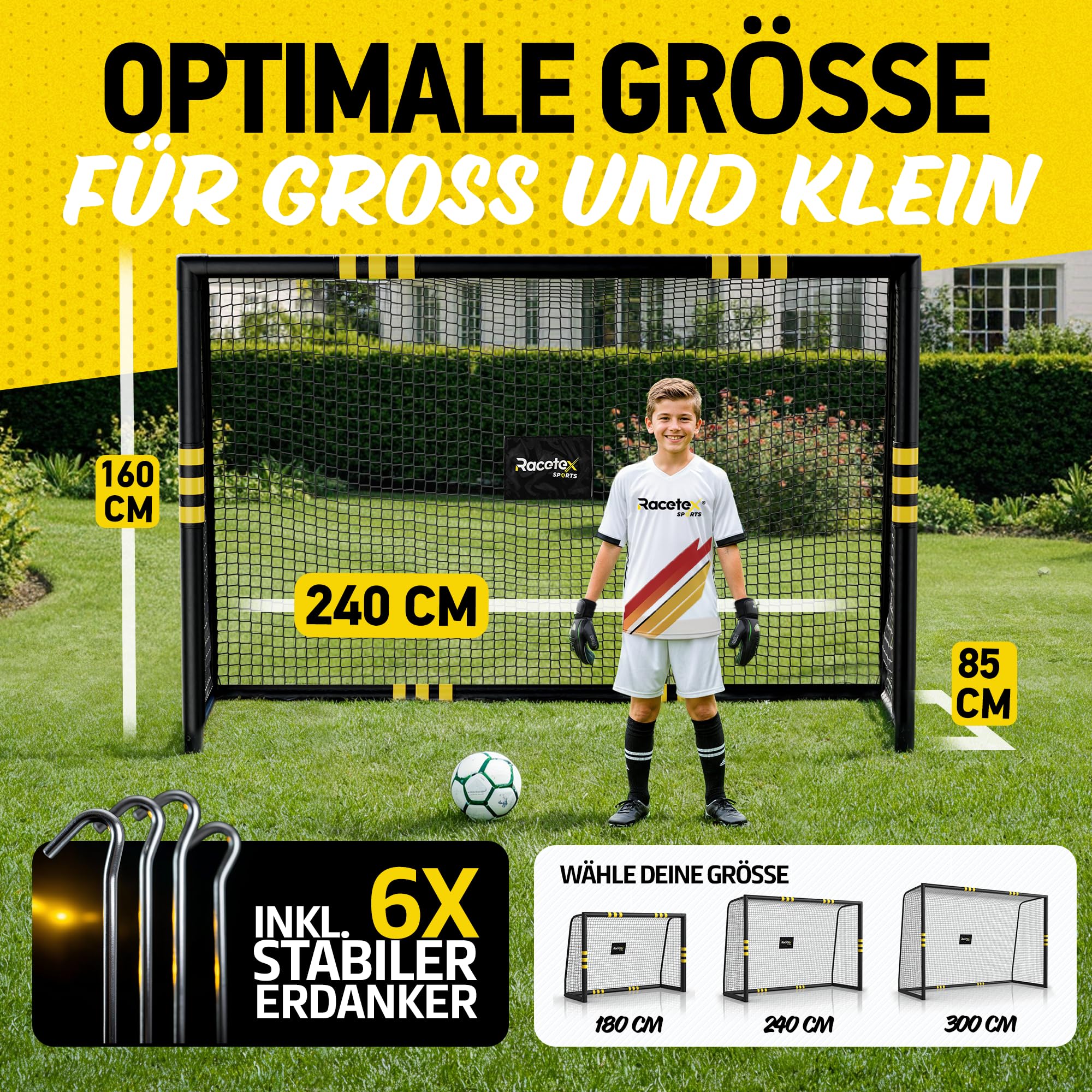 Racetex Fussballtore für Garten Kinder und Erwachsene mit [Anti-Rost Beschichtung] - Fußballtor Kinder inkl. Erdanker für optimalen Halt - Fußball Tor mit rundum Polsterung
