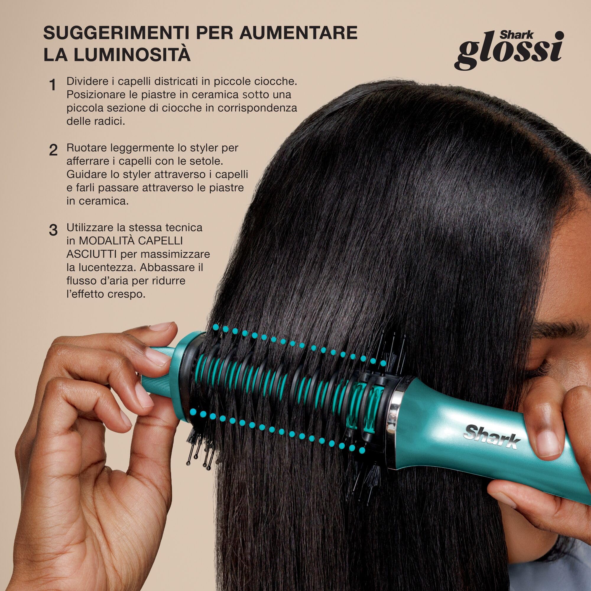 Shark Glossi Styler e spazzola lucidante ad aria calda 2 in 1 turchese | qualità professionale, piastre in ceramica, volumizza senza effetto crespo, Gloss Lock, tutti i tipi di capelli, HT302EUTL