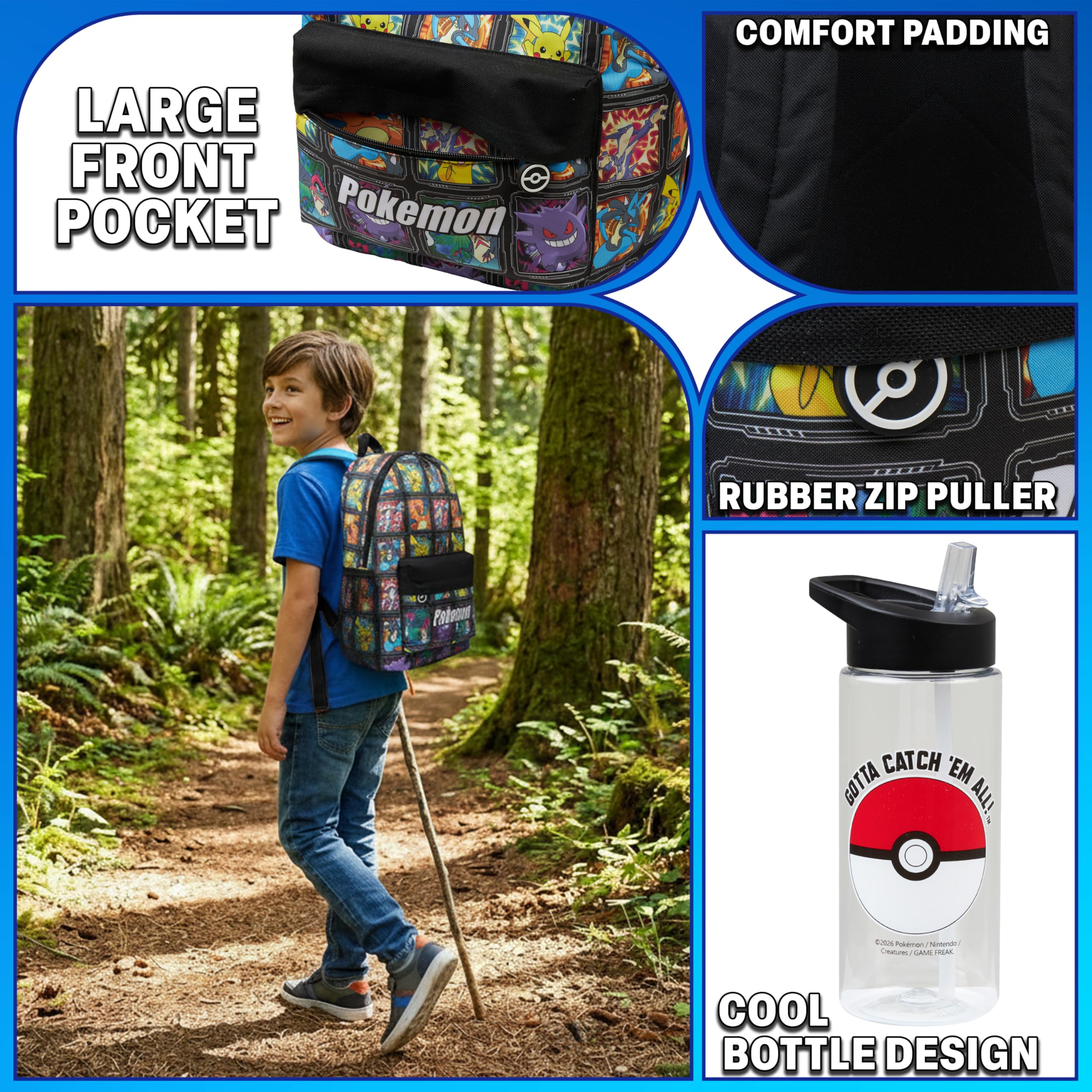 Get Trend Pokemon Card Sac a Dos Enfant Garcon avec Gourde, Grand Fermeture Eclair Cartable et sans BPA Gourde Sport 500ml, Cadeau Garcon (Multi Pokemon)