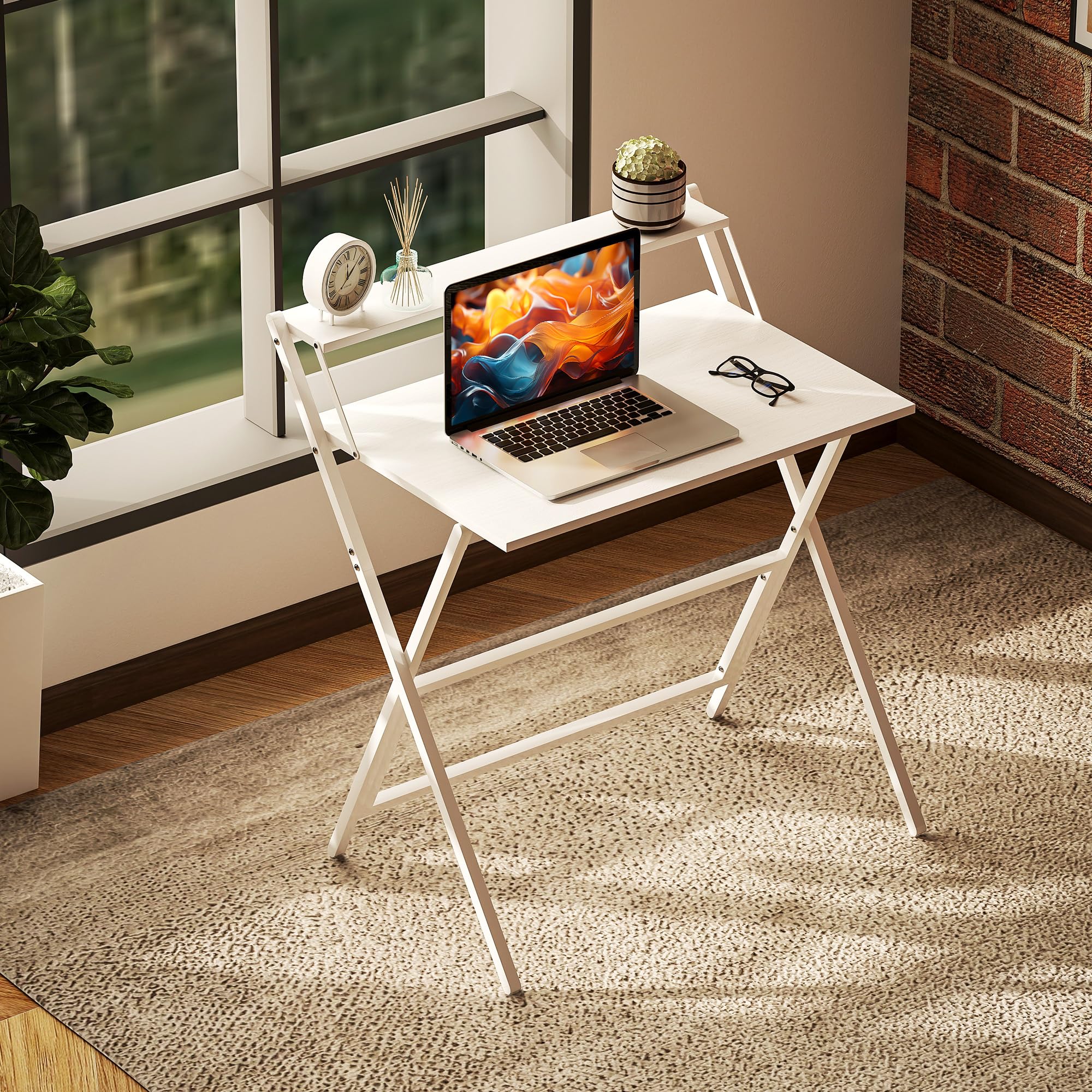 HOMCOM Scrivania Salvaspazio Pieghevole 81.5x62x86.5 cm Bianco | Con Ripiano per Monitor, Tavolo per Computer Piccola, Richiudibile, da Ufficio e Studio, in Acciaio