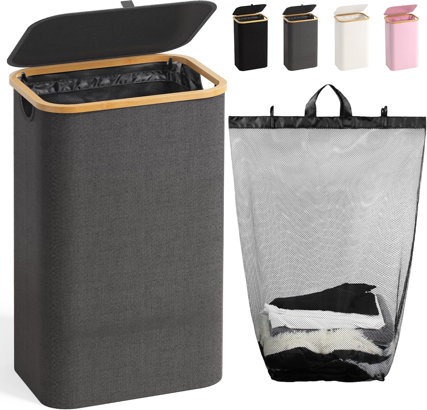 100L Laundry Hamper with Lid, Large Laundry Basket with Bamboo Handles, Clothes Hampers for Laundry with Removable Bag, Dirty Clothes Hampers for Bedroom Aesthetic, Grey