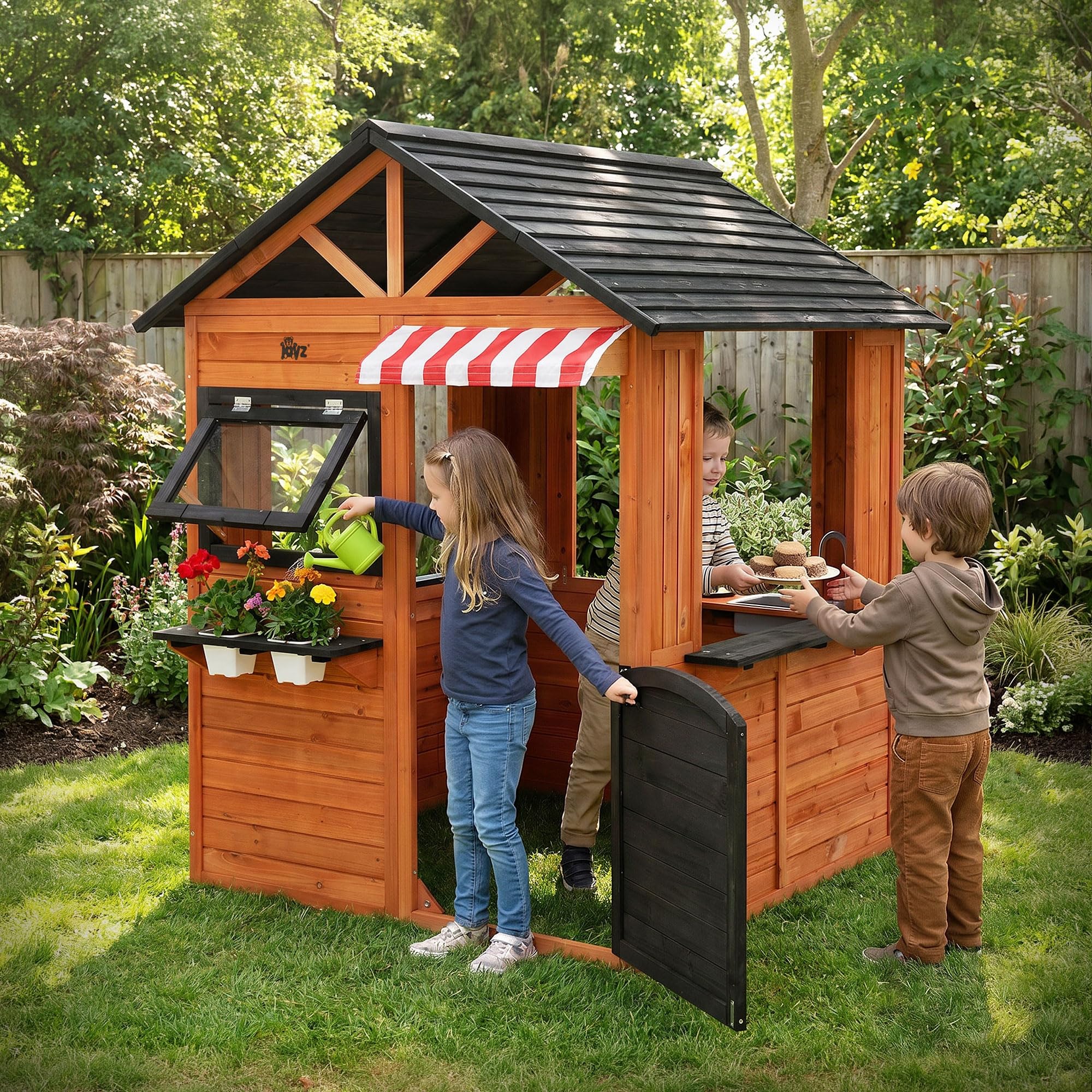 Joyz Kinderspielhaus aus Tannenholz massiv, Spielhaus mit Spiel- und Matschküche, Outdoor mit Tür, 4 Fenstern, wetterfest, für Kinder ab 3 Jahren