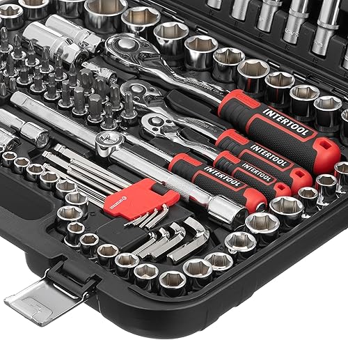 Miniatura 7 de INTERTOOL Juego de llaves métricas, 14" 38" 12", 156 piezas, llaves de caja de trinquete, trinquete de liberación rápida, extensiones, adaptadores,