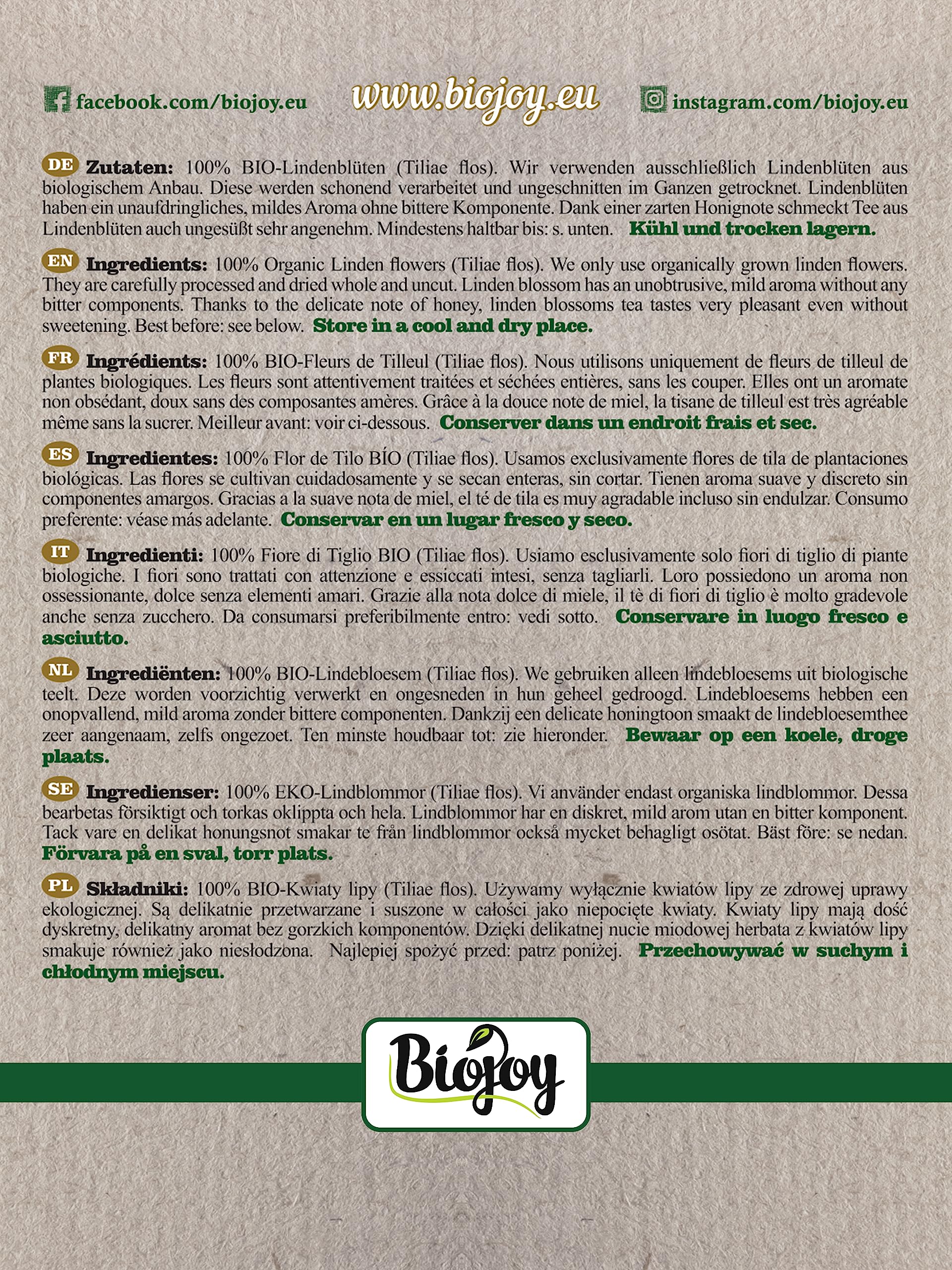Biojoy Fiore di Tiglio BIO (250 g), Tisana di Tiglio, qualità naturale (Tiliae flos) (Confezione da 2)