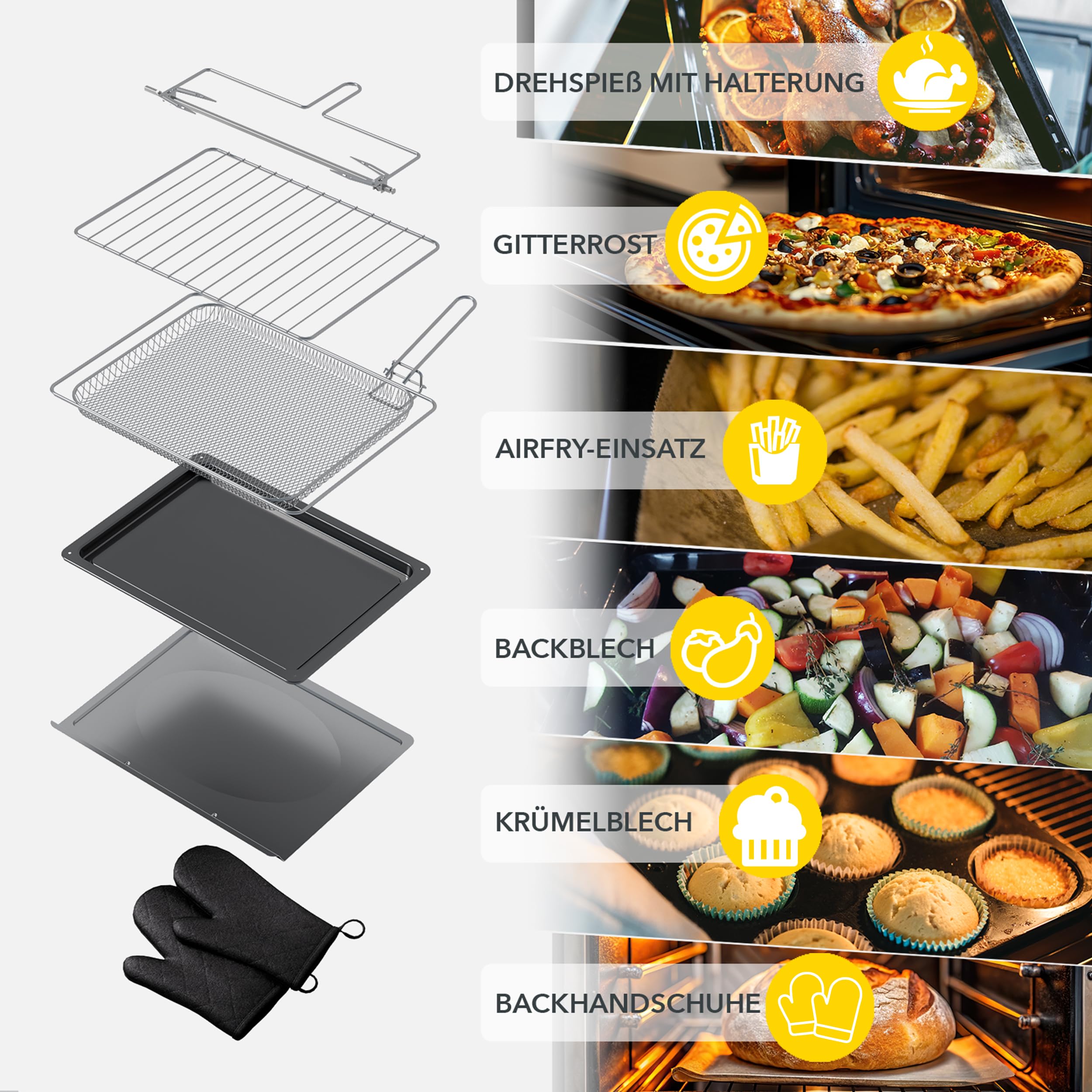 Heinrich´s Minibackofen mit Umluft 60L - Backofen klein mit Drehspieß, Airfryer-Einsatz inkl. Timer, Innenraumbeleuchtung, 100-230 °C, mit großem Sichtfenster, inkl. Zubehör, schwarz, 2000W
