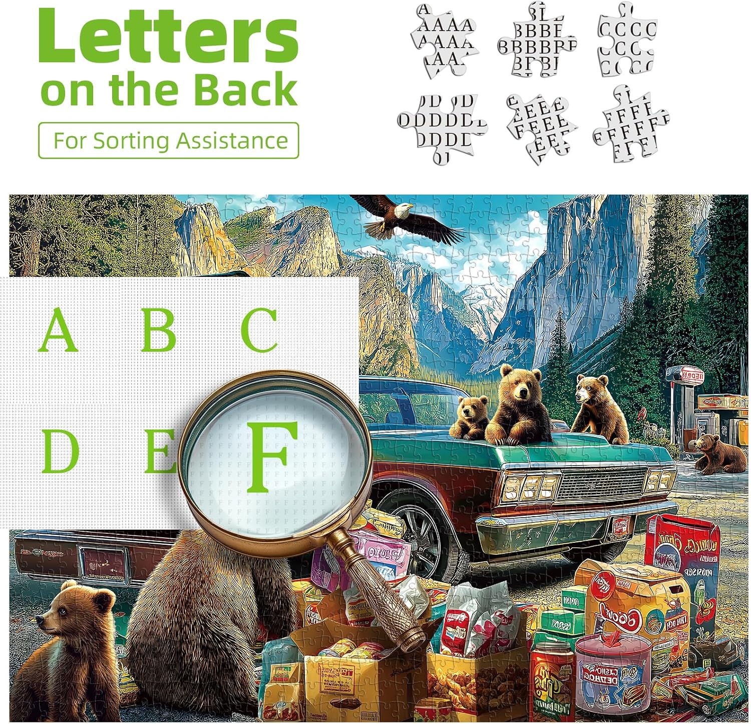 Blueforest Yosemite Bears Picnic Adventure 1000 Piece Puzzle for Adults - Challenging Wildlife Jigsaw Puzzle with Vintage Car, Granite Cliffs | Bonus Poster & Letters on Back (27.5" x 19.7") image 3