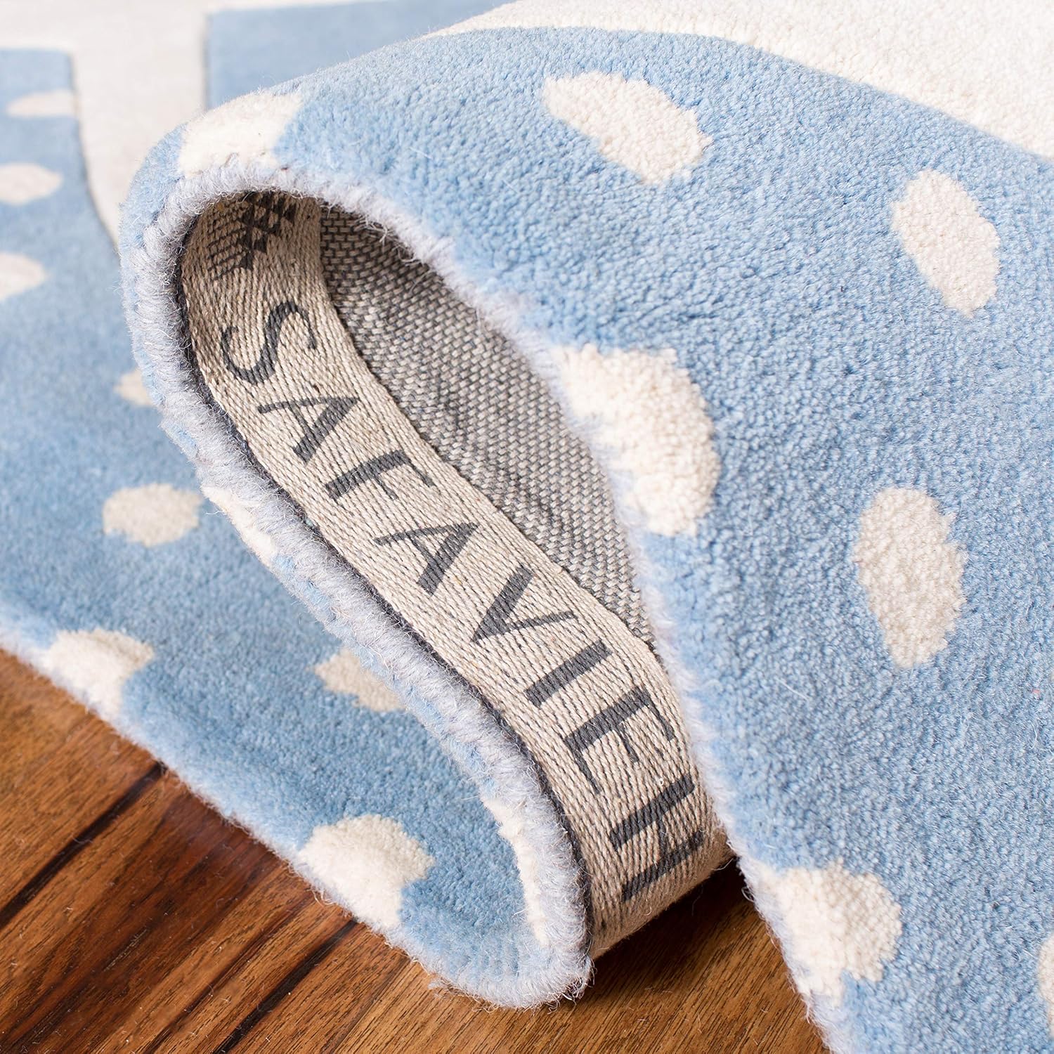 SAFAVIEH Kids Collection 6' x 9' Blue/Ivory SFK922M Handmade Polka Dot Bunny Wool Area Rug