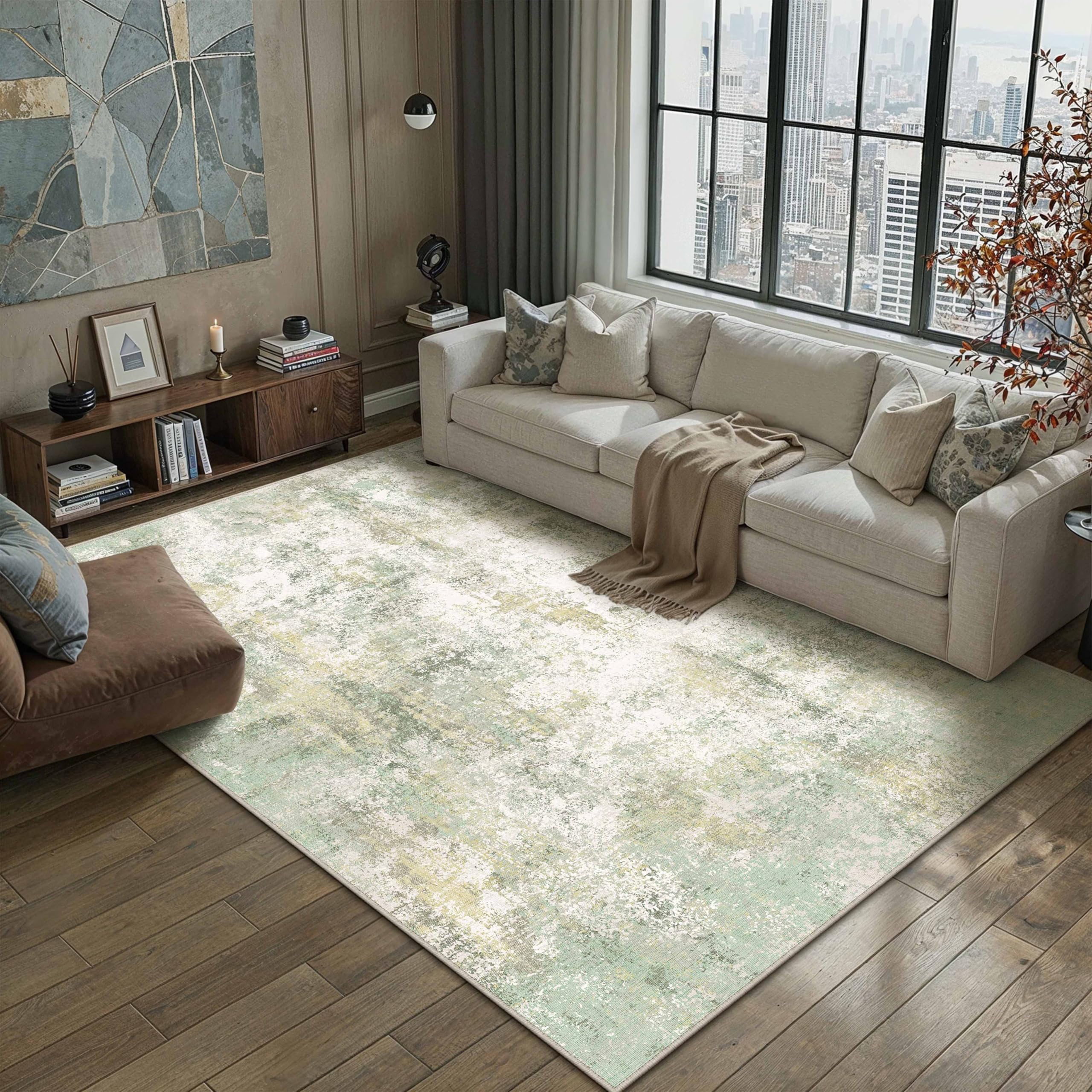 PureCozy Rugs Living Room 140x200cm Washable Abstract Carpet, Green
