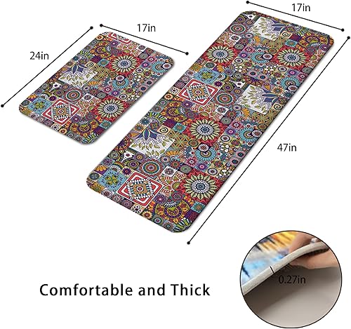 Miniatura 2 de Juego de 2 tapetes de cocina con diseño de mandala estilo bohemio para cocina, tapetes de cocina con diseño floral, antifatiga, antideslizantes,