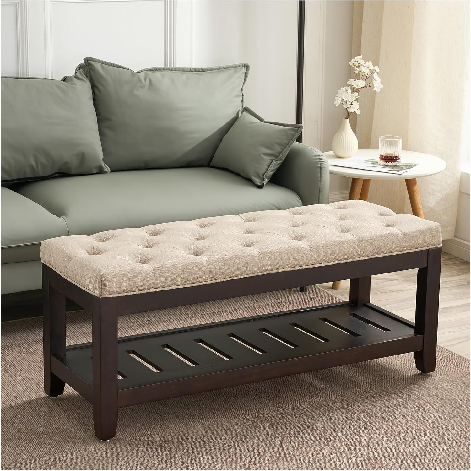 44" Ottoman Bench, Upholstered End of Bed Bench, Oversized Footrest with Wood Shelf torage Storage Bench for Bedroom, Entryway, Living Room, Light Brown