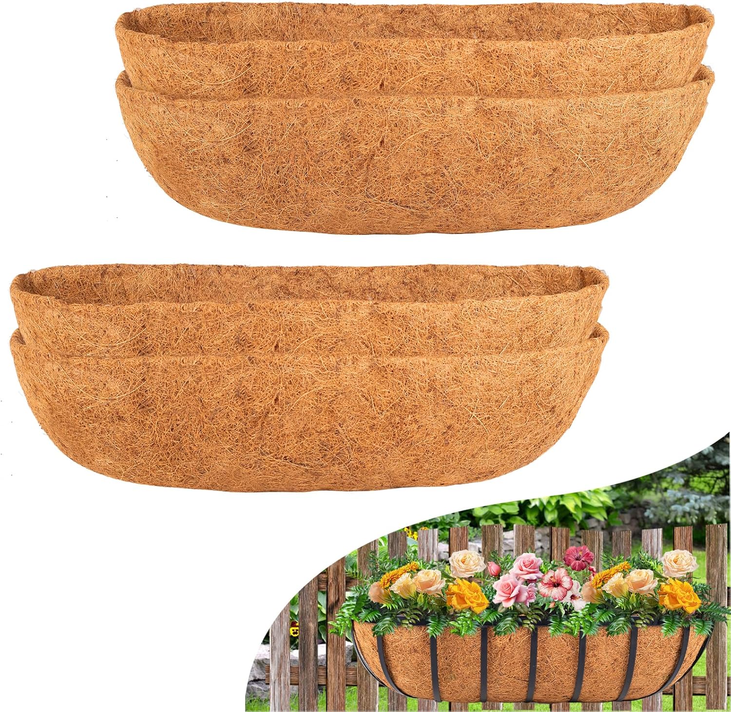 HKZ Coconut Liner for Planters - 4 Pcs 30 Inch Trough Coco Liners for Window Box, Natural Coconut Coir Fiber Planter Liners for Garden Fence Planter Flower Baskets