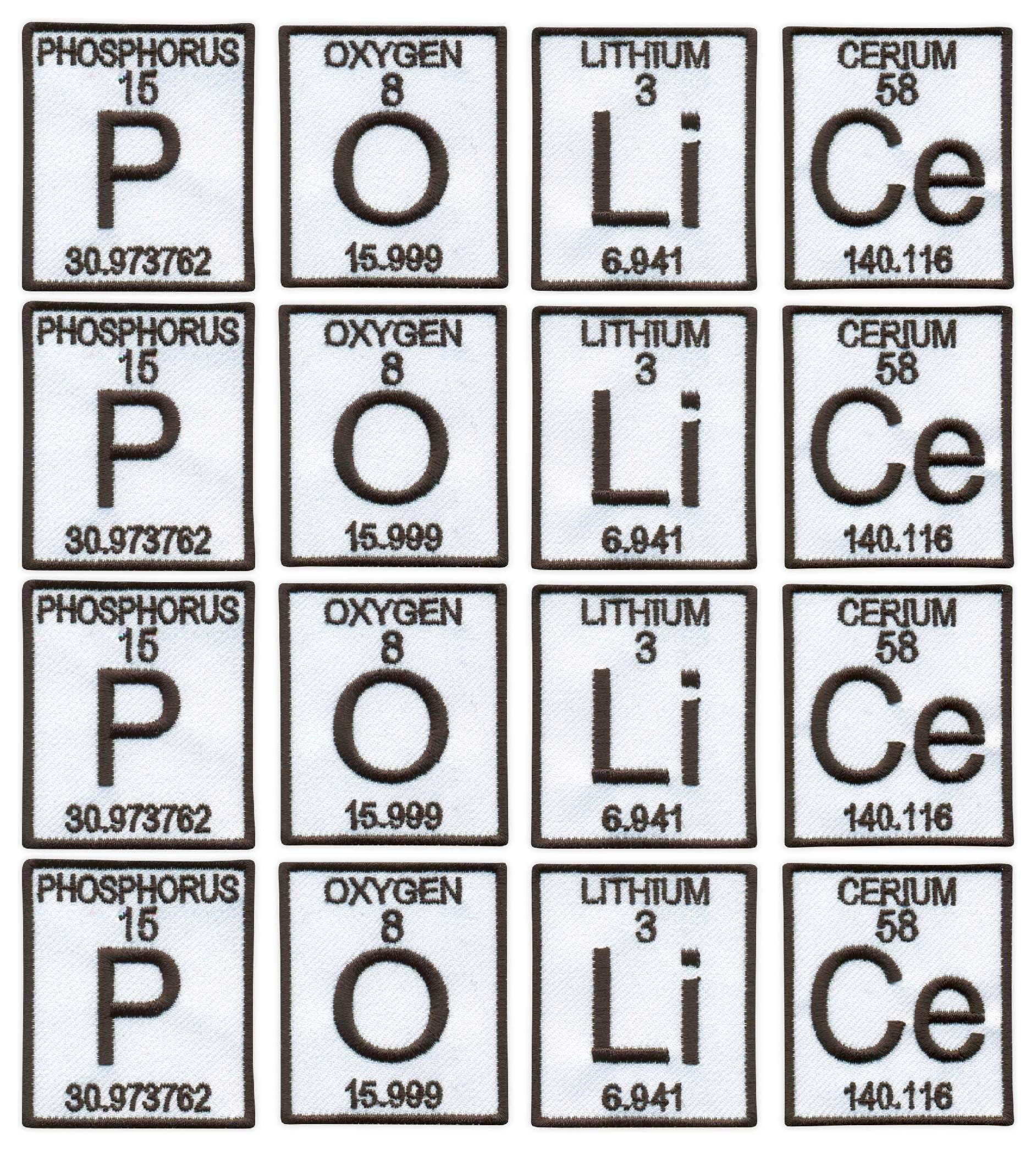 Set di 4 toppe con scritta "P (fosforo) O (ossigeno) Li (Litium) Ce (Cerio) - Police - Elements - un set di 4 toppe - nero VEIcro/gancio e anello di supporto - toppa ricamata/stemma/emblema