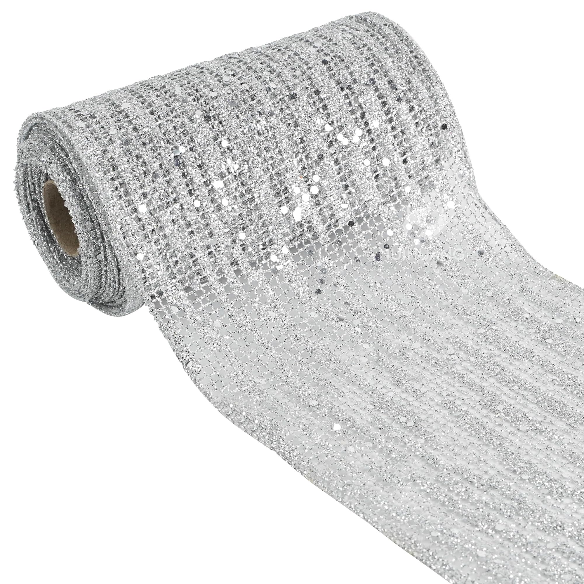 HUIHUANG Silver Wired Ribbon 6 inch Wide Silver Glitter Christmas Tree Ribbon Square Mesh Ribbon for X-mas Tree Decorations, Garlands, Large Bows, Wreaths, Large Box Wrapping- Continuous 10 Yards