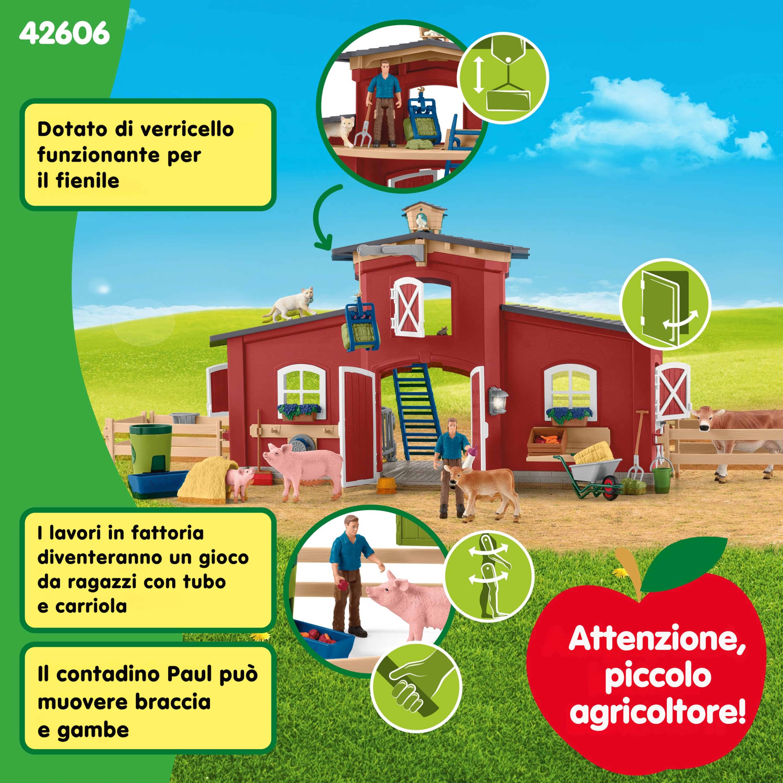 Schleich FARM WORLD | Grande fattoria rossa con casa colonica 42606 | Set con casa, contadino, mucca, maiale, gatto, topo e accessori | fattoria giocattolo per bambini dai 3 anni | 92 pezzi