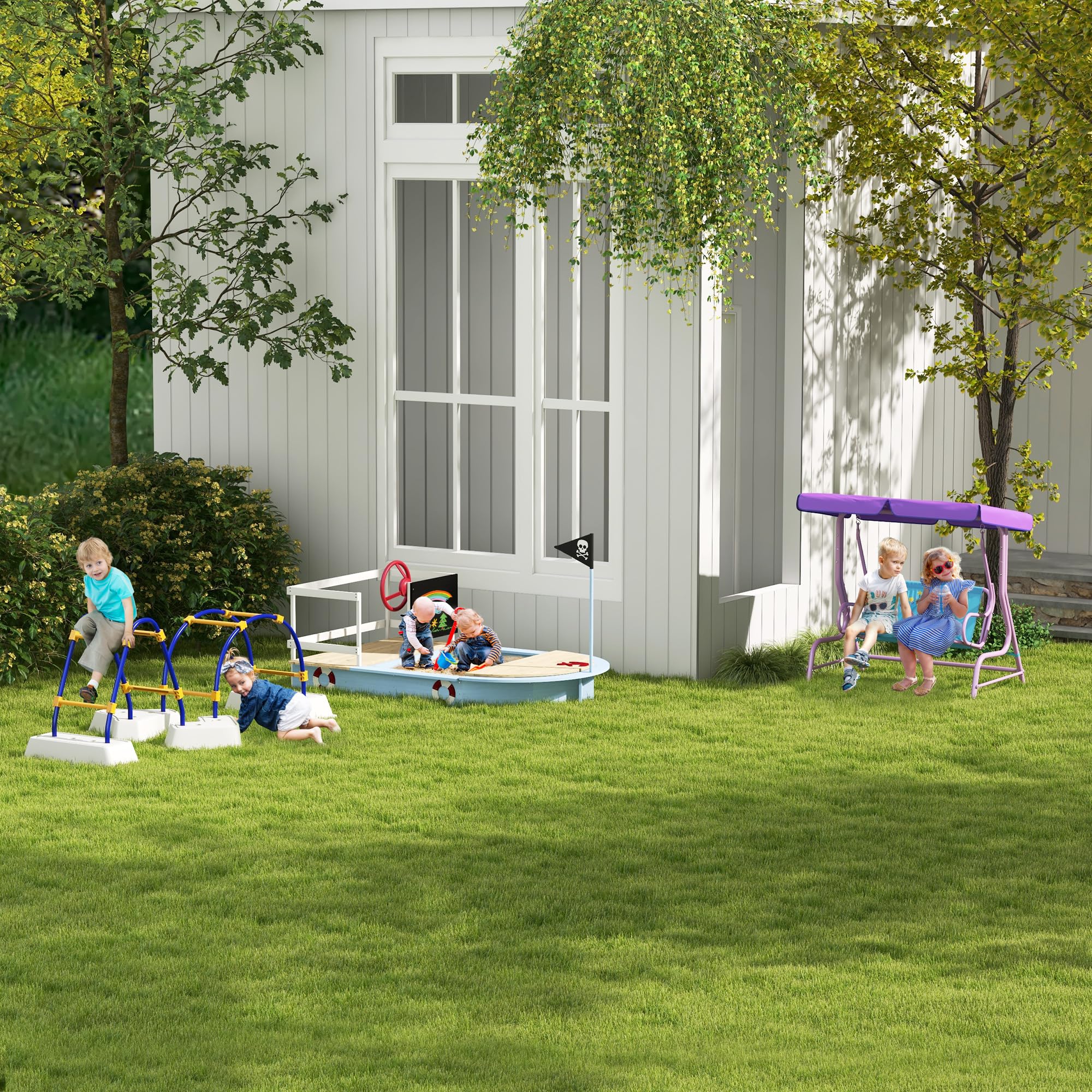 Outsunny Balançoire 2 places pour enfants avec auvent réglable, banc de jardin double sur le thème des fées avec ceintures de sécurité pour patio, parc, porche, pour enfants de 3 à 6 ans, couleur