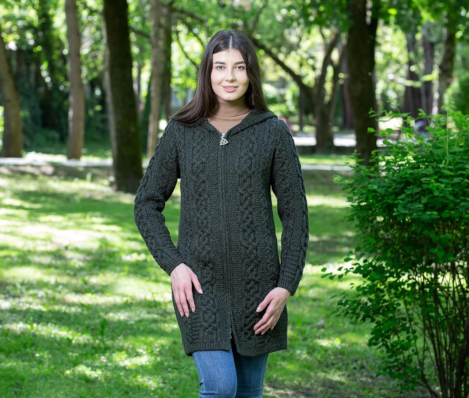 SAOL 100% Merino Wool Aran Irish Cardigan for Women with Pockets, Hood and Celtic Zipper - Image 5