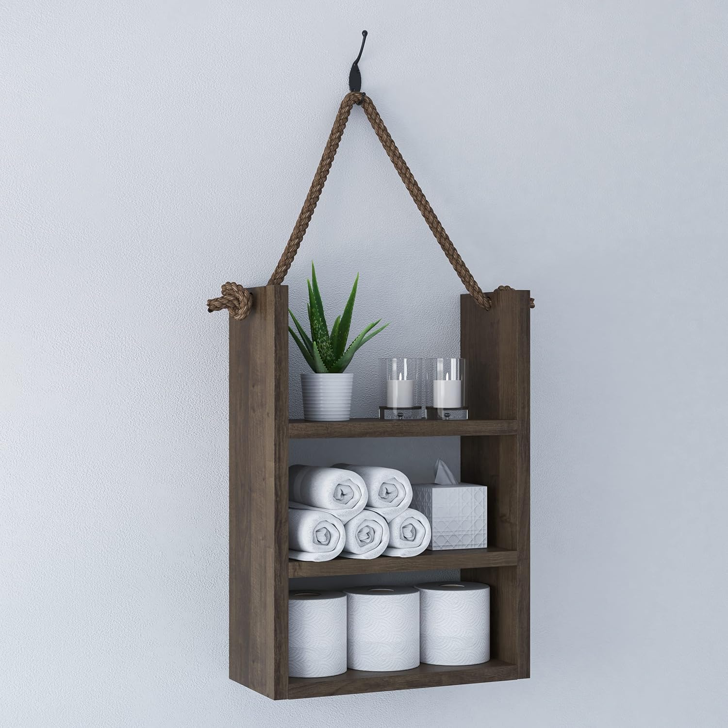 SFC Rustic Wood Bathroom Shelf Over Toilet, Wall Mounted, Ladder Style Rope Hanging Shelf (Large)