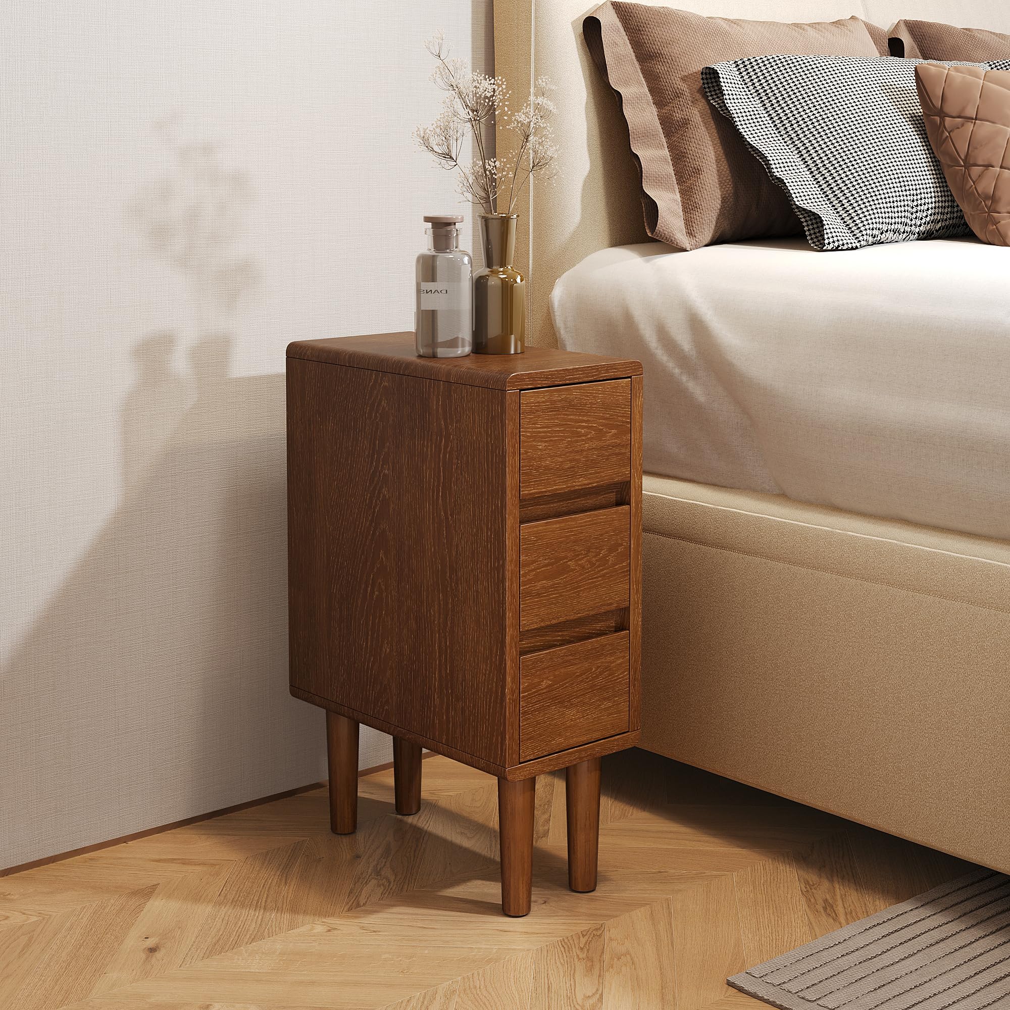 Narrow Nightstand with 3 Drawers Narrow Night Stand Solid Wood Bedside Table Mid Century Modern Nightstand Wooden End Table for Bedroom, Study, Office