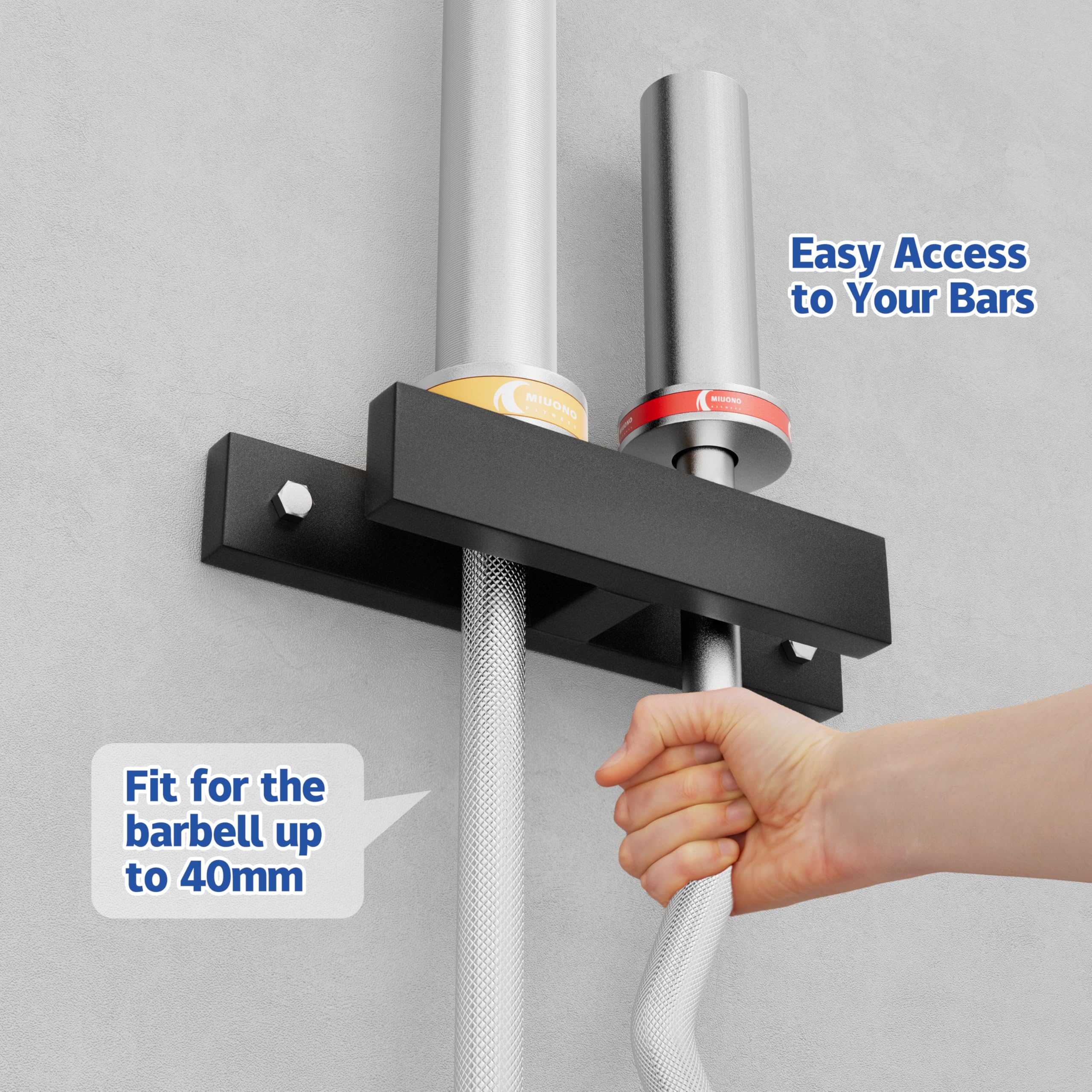 MIUONO Barbell Holder, Wall Mount Barbell Storage Hanger for Vertical Barbell Wall Rack, Garage Gym Olympic Bar Holder, Fits Under 40 mm Bar in Size, 2 Pack