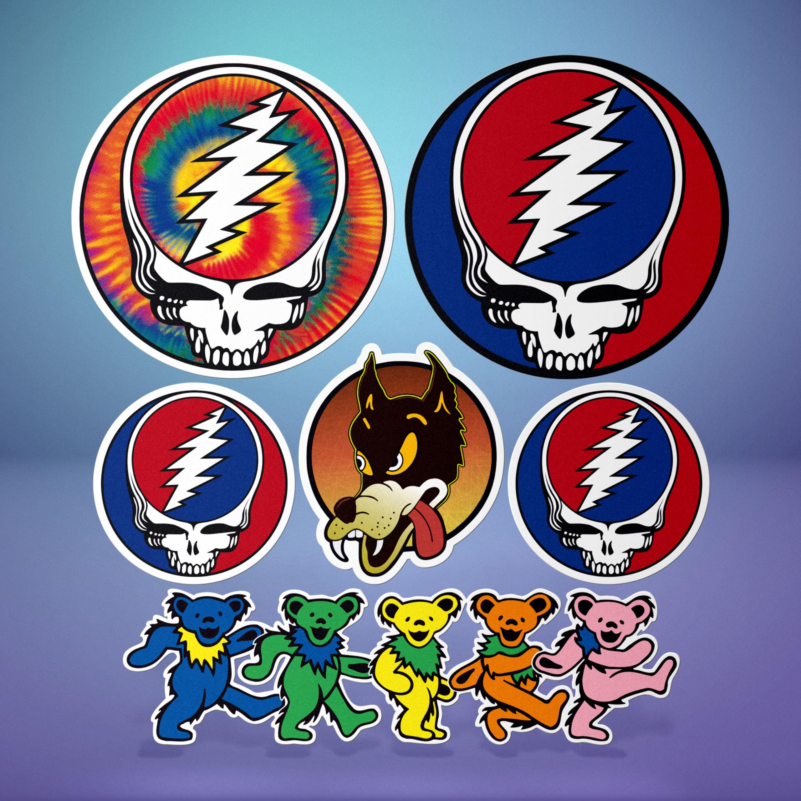 Grateful Dead Stickers – 6-Piece Vinyl Decal Pack with Steal Your Face, Tie Dye Edition & Dancing Bears Decal, Waterproof Merch for Laptops, Cars &