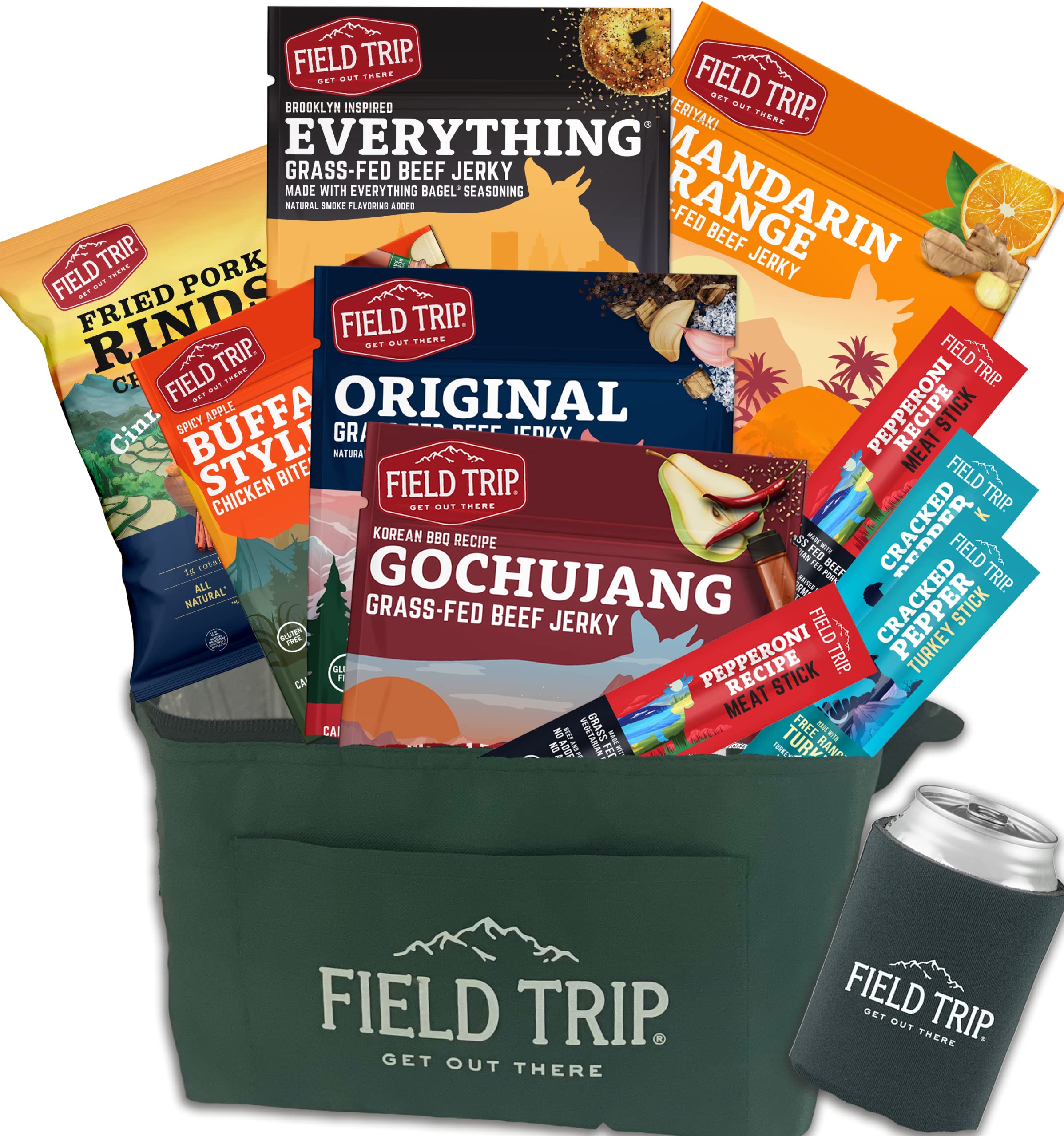 Amazon.com: Field Trip Chicken And Beef Jerky Food Gift Basket, 5 Jerky  Variety Pack, 2 Turkey Sticks, And 2 Meat Sticks, High Protein Snack Packs  In Cooler With 1 Can Koozie, Low
