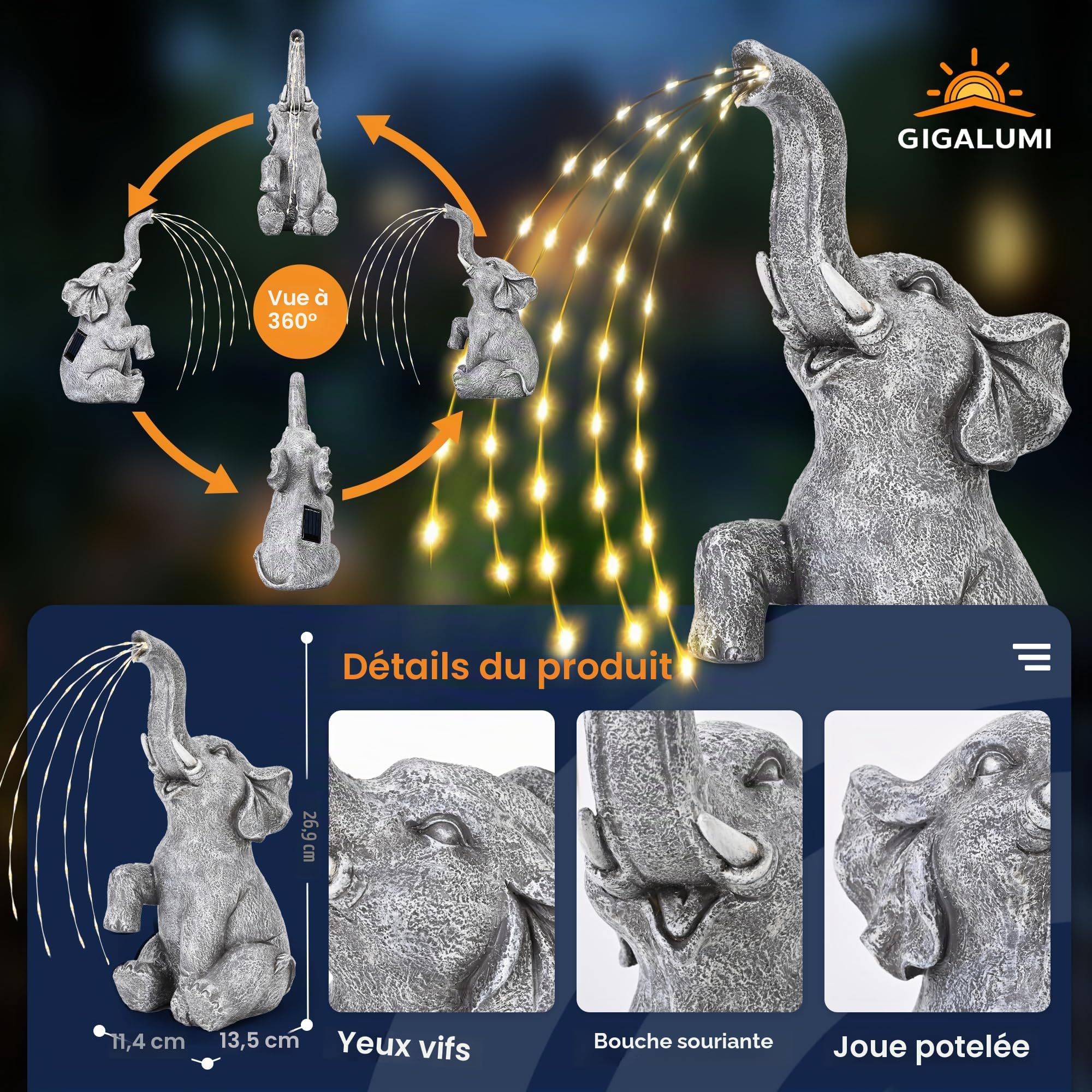GIGALUMI Statue d'éléphant améliorée - Décoration de Jardin - Figurine d'éléphant à énergie Solaire - Cadeau pour Maman, Cadeau d'anniversaire pour Femme, décoration d'éléphant pour terrasse (27 cm)