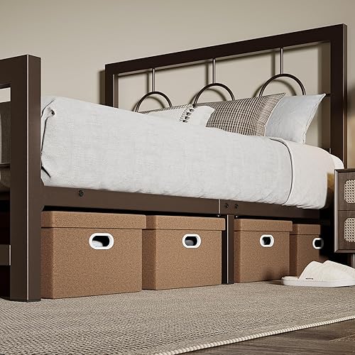 Miniatura 7 de Allewie Marco de cama de plataforma de metal tamaño individual con cabecera de estilo moderno y vintage, no necesita somier, fácil montaje, sin