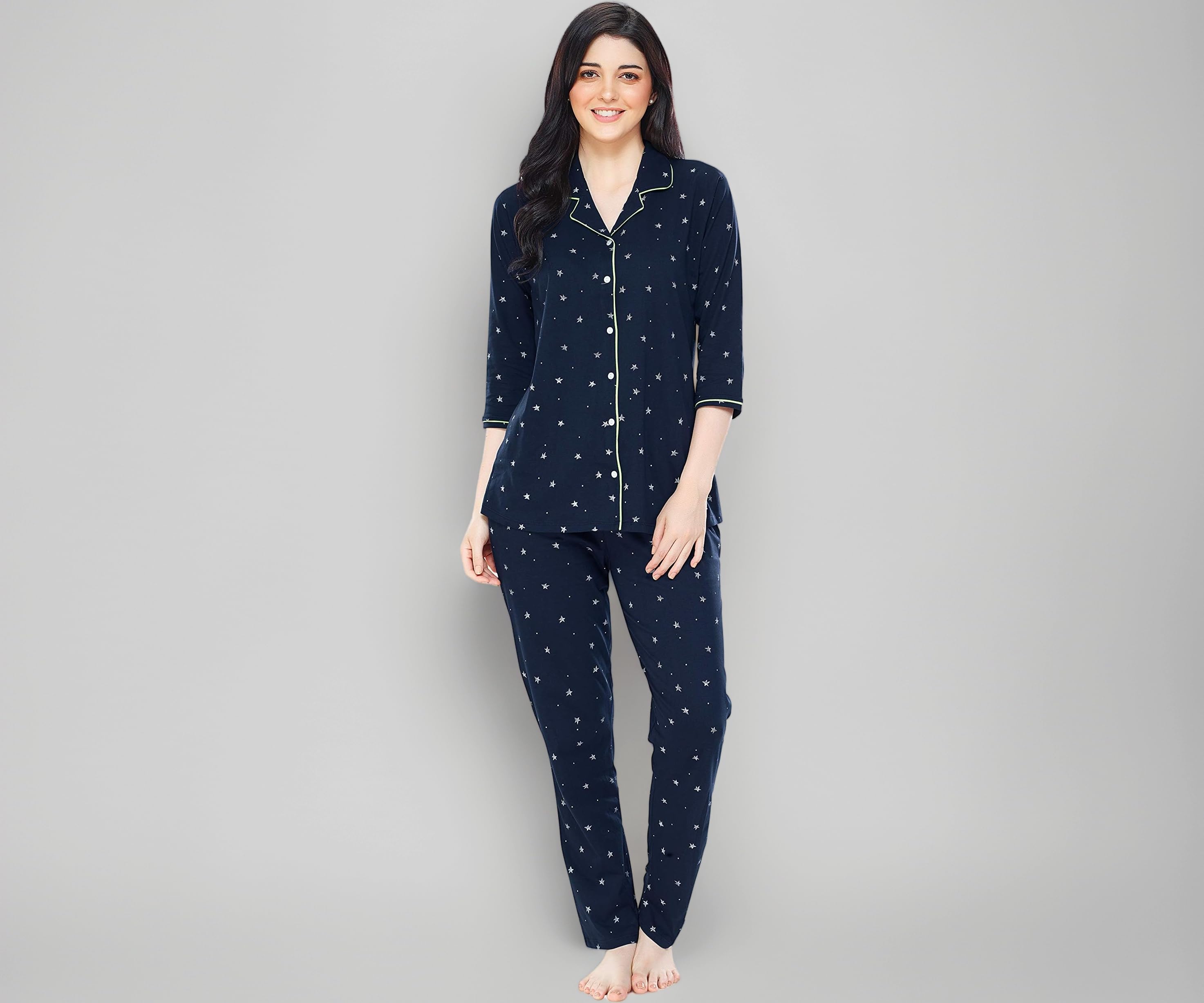 ZEYO Women's Cotton Star & Dot Printed Night Suit Set of Shirt & Pajama Set 5155 (Available in Plus Size)