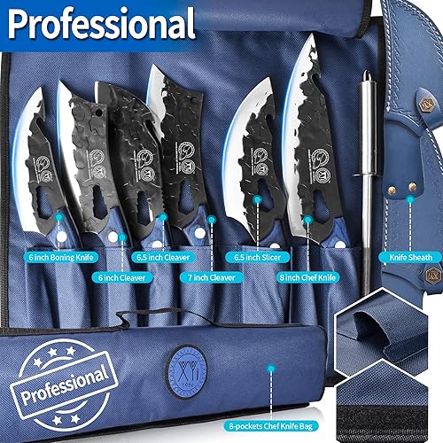 Miniatura 7 de XYJ Juego de cuchillos de chef portátil profesional, cuchillo de chef de espiga completa para exteriores, juego de 6 piezas de cuchillos de cocina