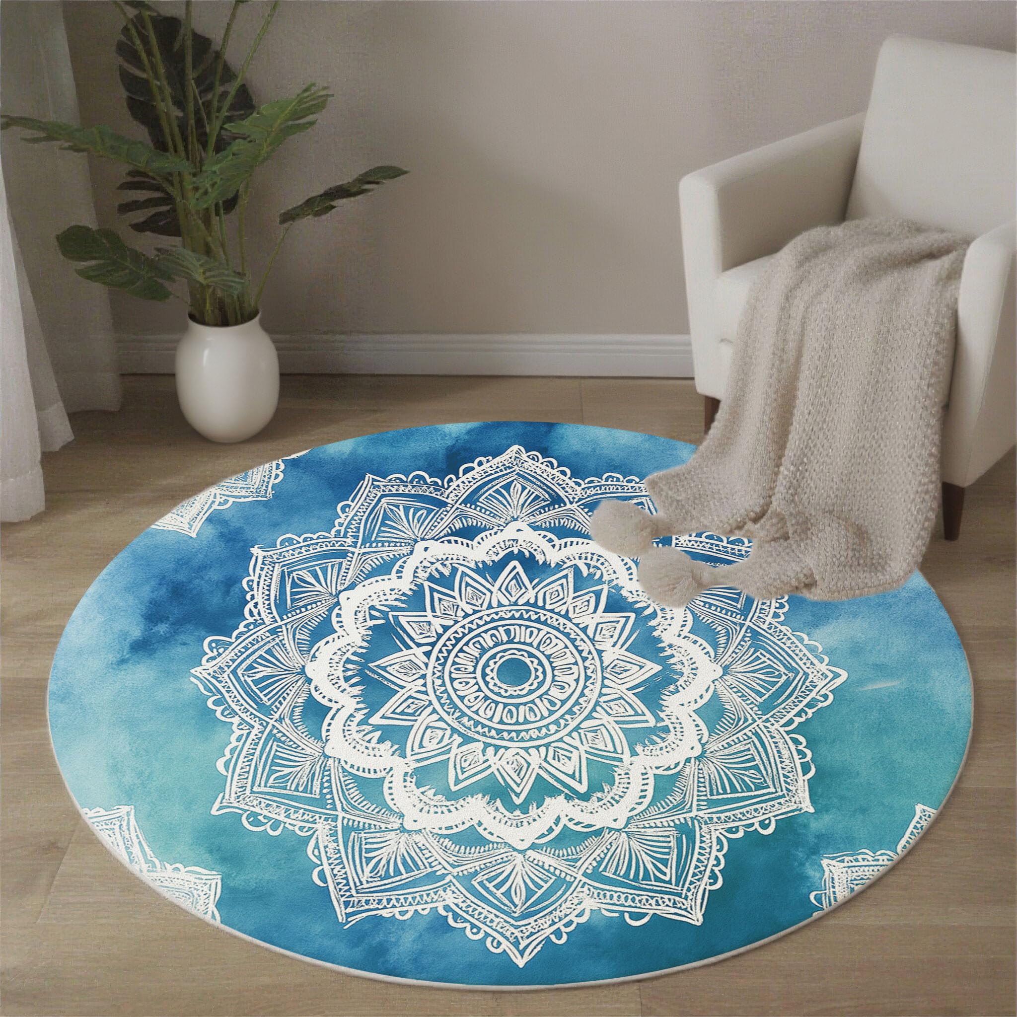 Bohème-Stil Kurzflor Teppich, Spitzen-Mandala Rund Teppich Waschbarer, 100cm rutschfest Carpet Weicher Kreis Teppiche für Kinderzimmer Esszimmer Büro, Blau