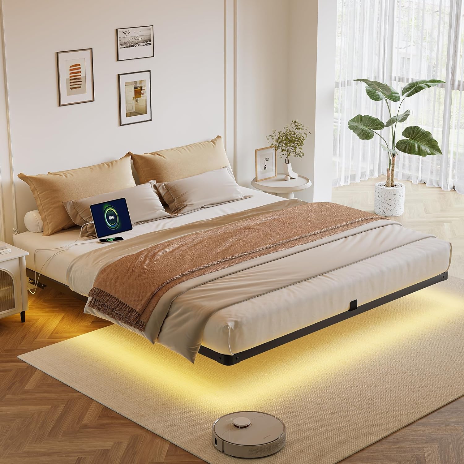 King Size Floating Bed Frame with LED Lights and Charging Station, Modern Minimalist Design, No Spring Mattress Required, Easy to Assemble