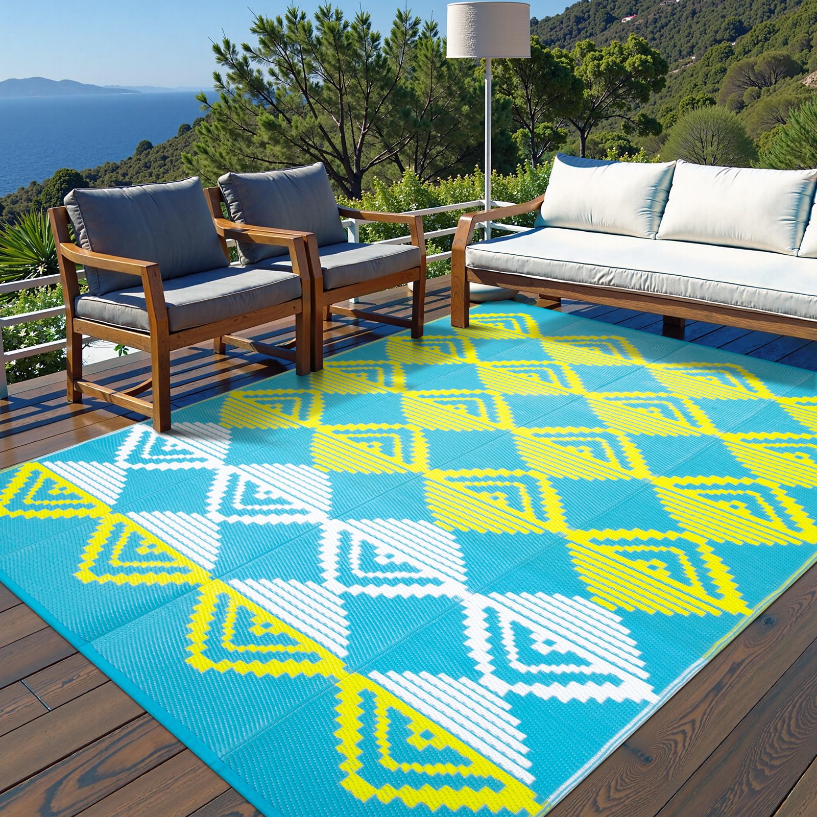 Beeiva Outdoor Rugs 8x10 Waterproof, Modern Geometric Reversible Plastic Straw Patio Mat, Large Foldable Outside Rug for Camping, Porch, Deck,