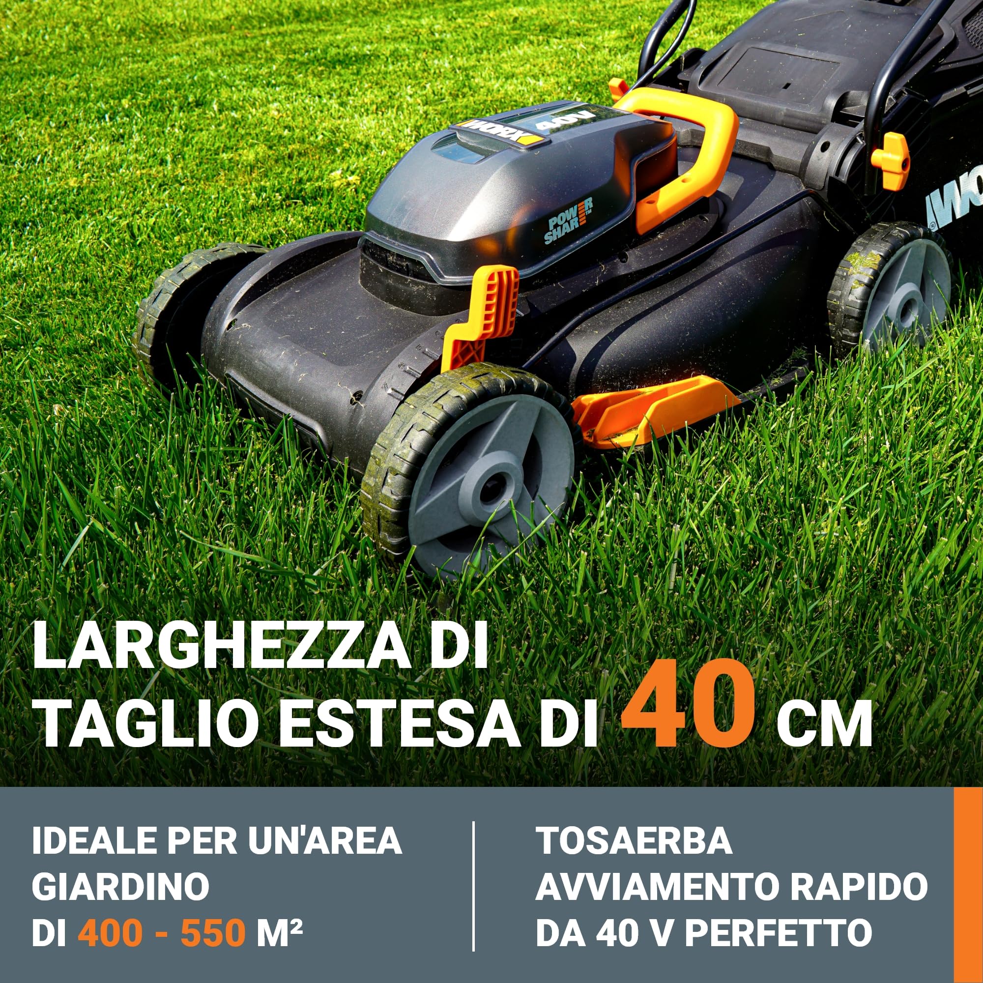 Tosaerba elettrico a batteria Worx NITRO 40 cm, WG734E, Batteria PowerShare PRO da 40 V con 2 pezzi da 4,0 Ah (Batterie e caricabatterie inclusi)
