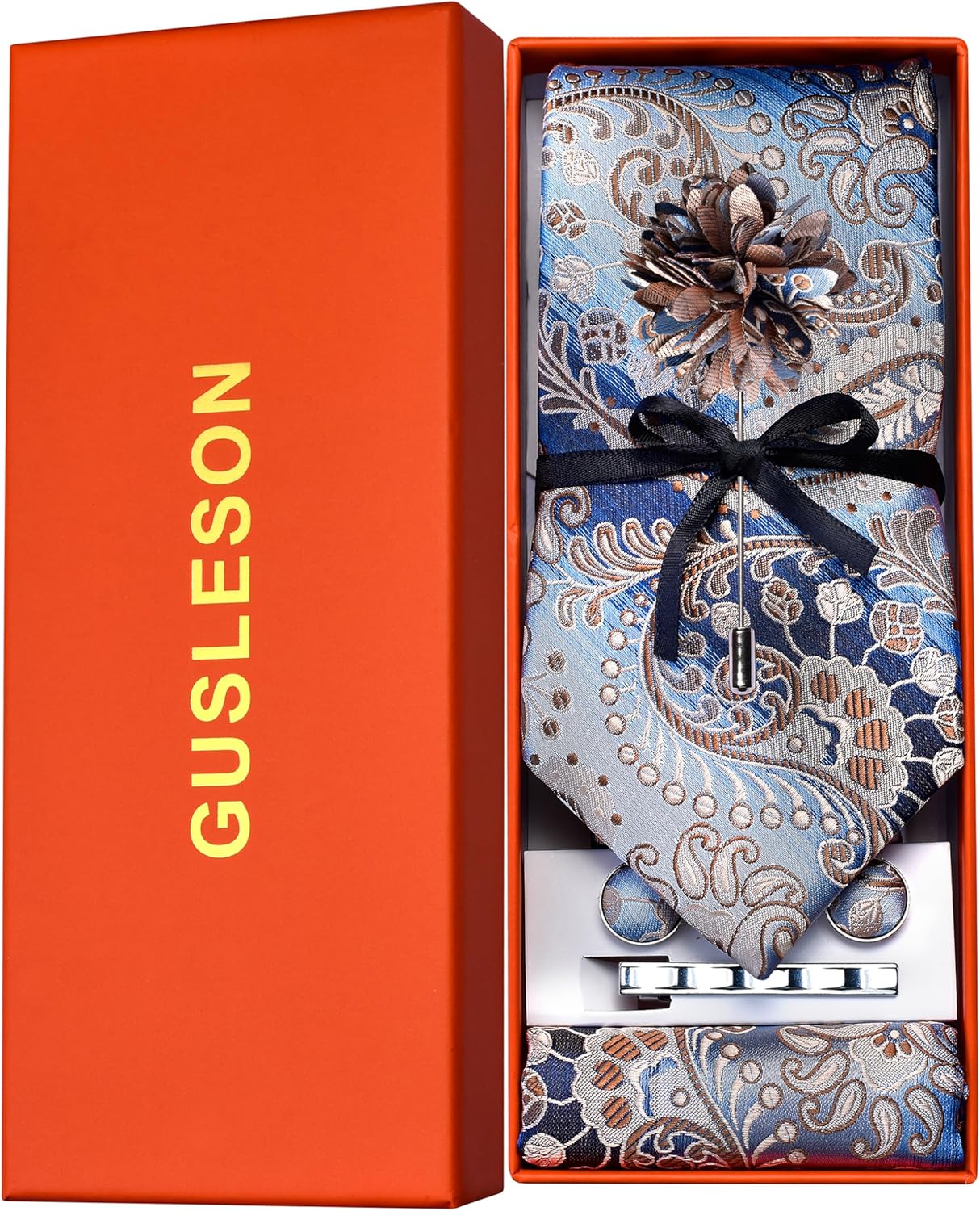 GUSLESON Tie Set for Men Necktie and Pocket Square,Tie Clip,Cufflinks, Lapel Pin Sets with Gift Box 5PCS - Image 2