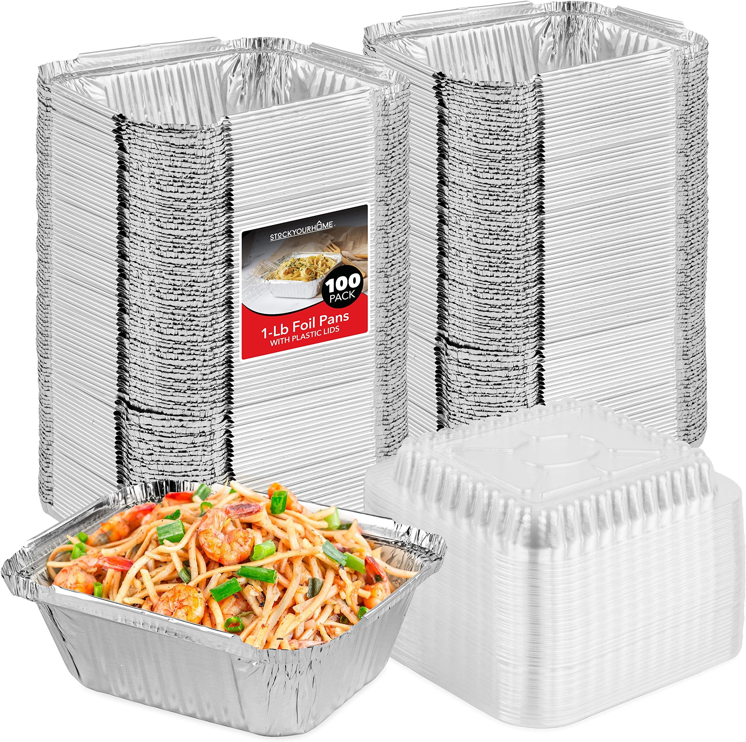 Stock Your Home 1 lb Small Aluminum Pans with Clear Plastic Lids (100 Pack), Disposable Cookware & Takeout Trays for Restaurants & Catering