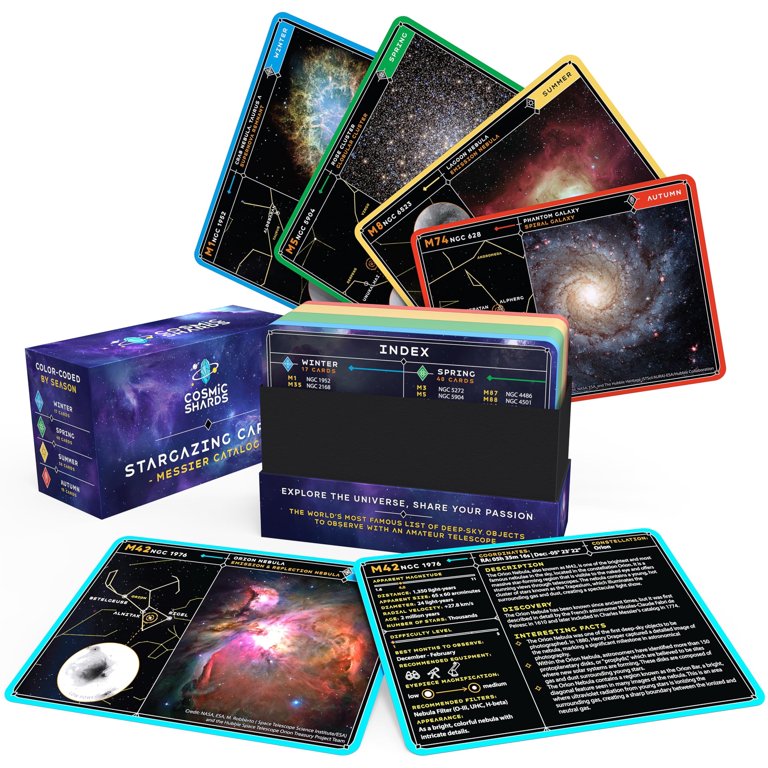 Stargazing Cards - Messier Catalog | Night Sky Exploration Kit for Telescopes & Binoculars | Flashcards with Star Charts, Astrophotography & Facts |