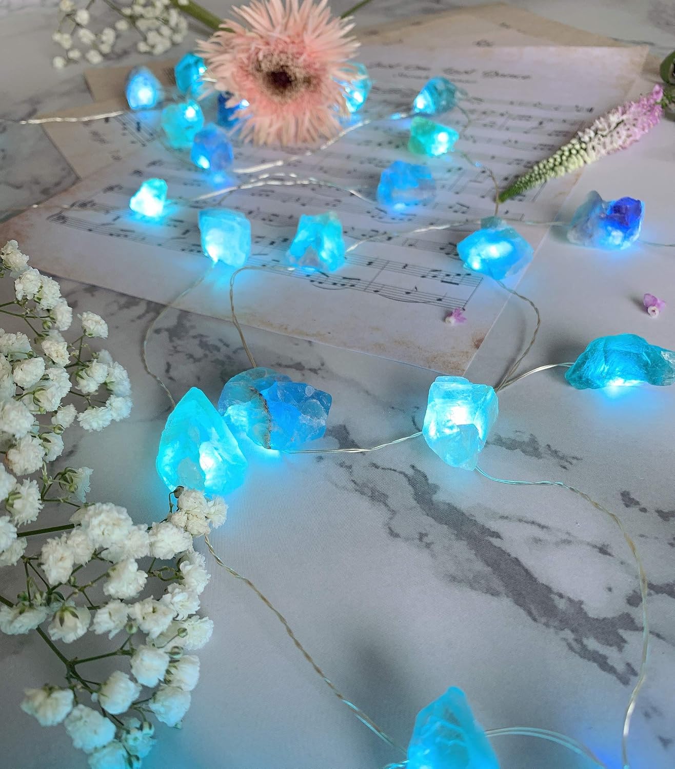 TAMOYO Crystal Led String Lights, Natural Fluorite Crystal String Lights 10ft 30Leds Battery Operated with 12-Modes Remote Control for Summer Indoor Outdoor, Bedroom, Birthday Themed Party Décor