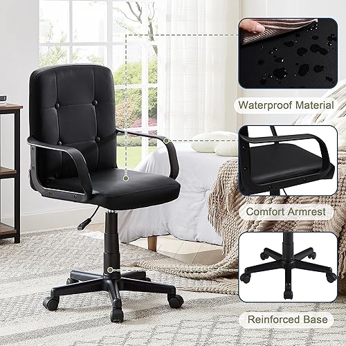 Miniatura 6 de VECELO Silla de escritorio de oficina ejecutiva de altura ajustable con reposabrazos, piel sintética, espalda media, giratoria de 360 grados con