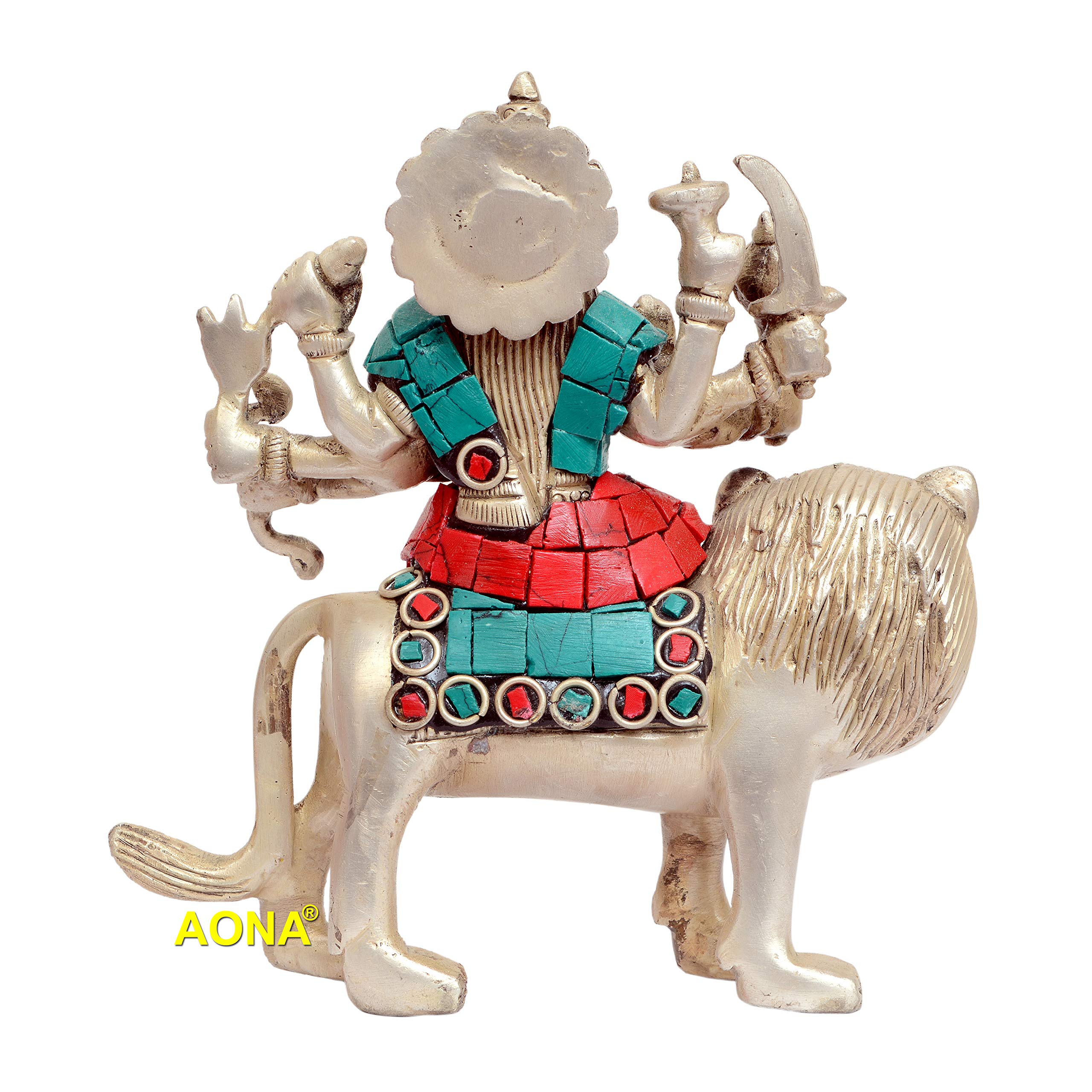 AONA Brass Mother Goddess Durga Figurine in Silver and Golden Hues Height 5 Inches - Image 3 thumbnail