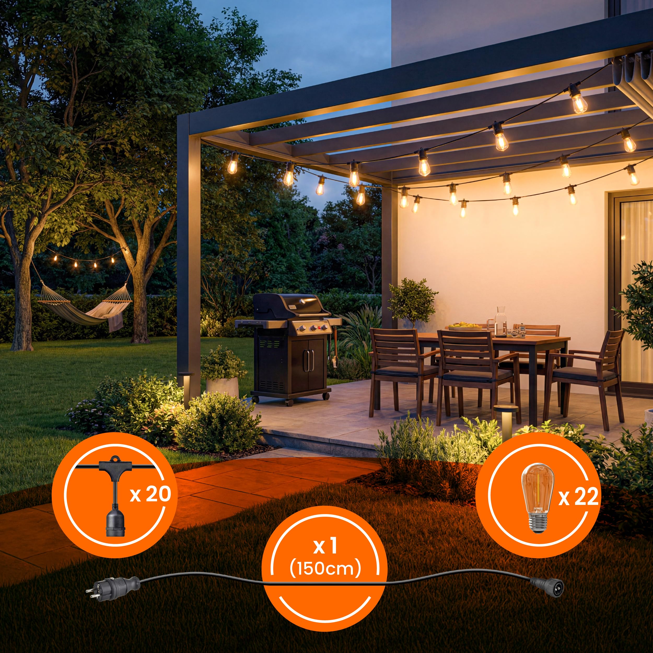 Lichterkette Außen Outdoor LED Strom,20M Außenbeleuchtung mit Stecker, 20 Glühbirnen, IP65 Wasserdicht Wetterfest Lichterkette Glühbirnen für Garten Terrasse Party Weihnachten, Warmweiß,2 Ersatzbirnen